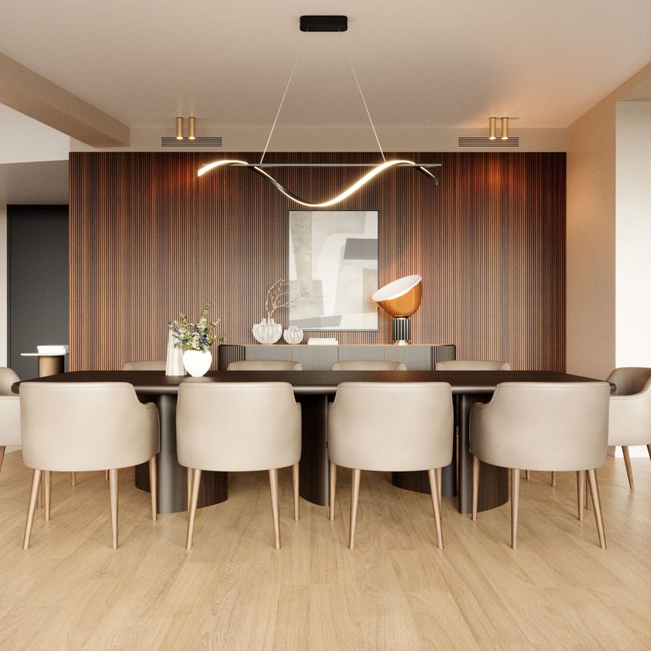 A sophisticated dining room showcases the Dolomites Dining Table surrounded by upholstered chairs, vertical wood paneling, sculptural lighting, and curated décor, creating a harmonious environment that resonates with formal dining room furniture, the architectural elegance of bespoke dining room, and the refined restraint of luxury furniture.
