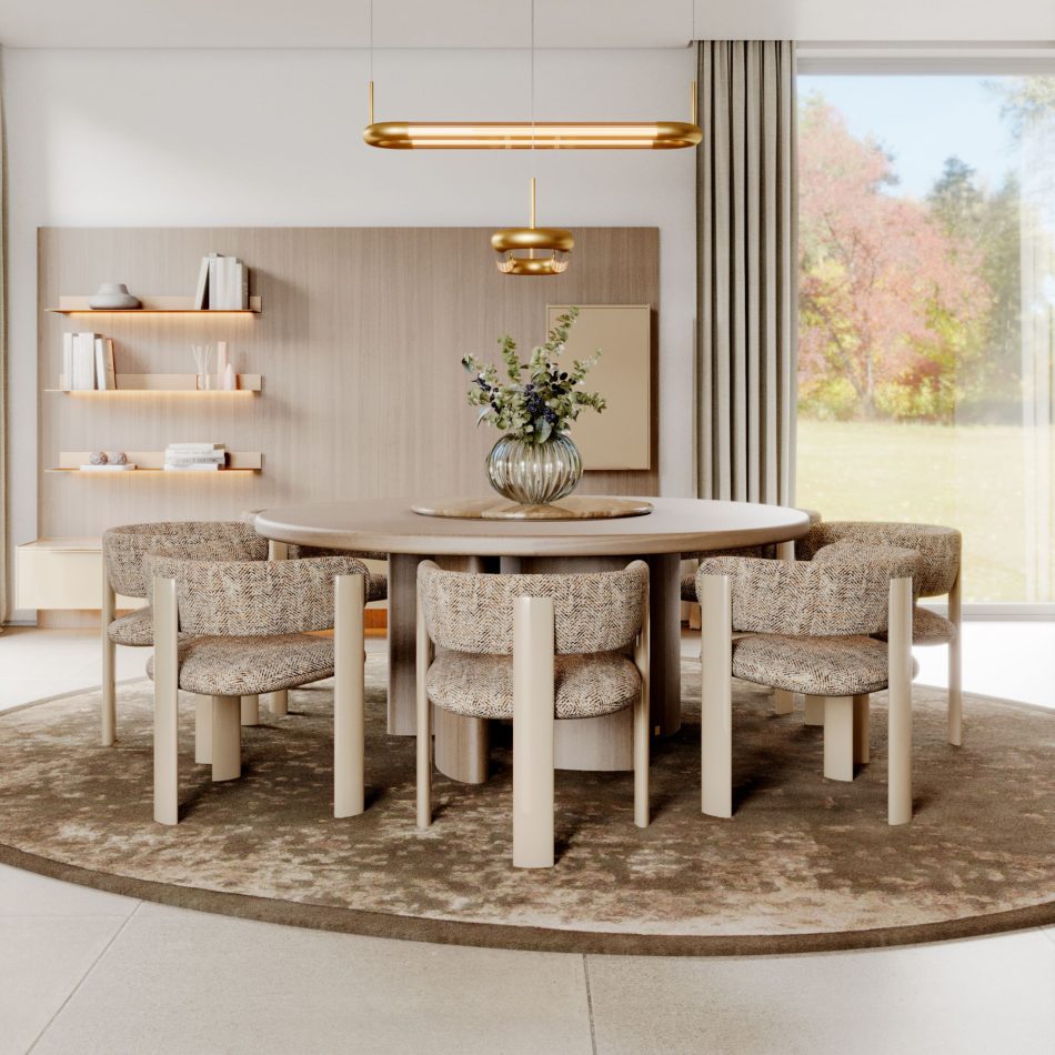 An elegant dining room featuring the Dolomites Round Dining Table at its center, surrounded by textured upholstered chairs and framed by wooden shelving and soft ambient lighting. The golden pendant lights and large window overlooking the outside create a serene atmosphere, blending natural materials with refined design. The space reflects the harmony of luxury dining room furniture, complemented by subtle touches of living room architecture and the quiet sophistication of modern furniture.