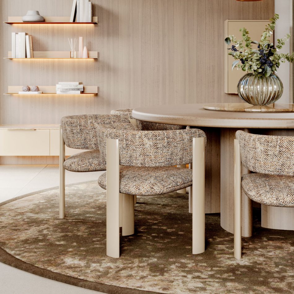 A minimalist dining corner where the Dolomites Round Dining Table becomes the sculptural anchor, surrounded by herringbone‑patterned chairs and grounded by an earth‑toned circular rug. Floating shelves with warm integrated lighting add depth and intimacy to the space, enhancing its calm, curated feel. The composition reflects the refinement of luxury furniture, the inviting warmth of home furniture, and the design clarity found in design details.