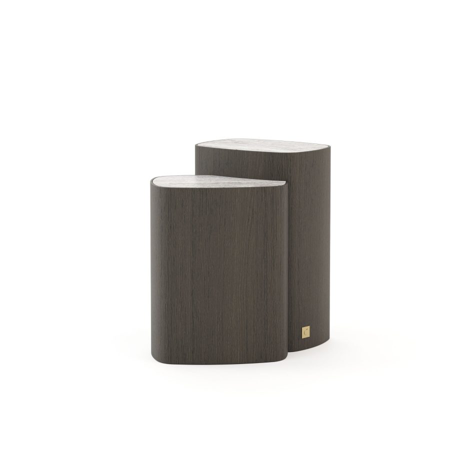The Dolomites Side Table emerges as a sculptural piece shaped into two interlocking forms, where dark wood meets silver travertine marble in a quiet dialogue of earth and time, echoing the layered stillness of mountain stone and resonating with luxury home furniture, the crafted restraint of modern furniture, and the natural balance of contemporary furniture.