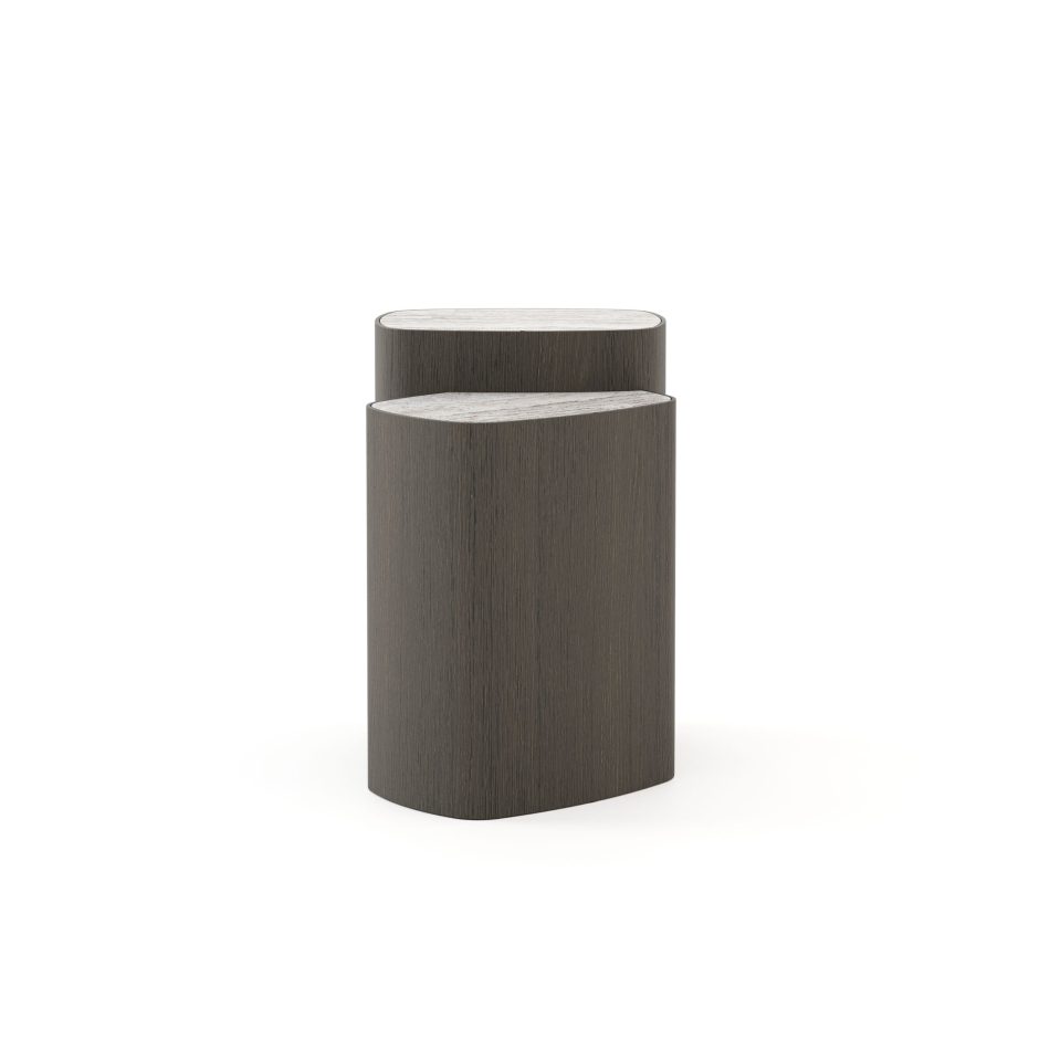 The Dolomites Side Table rises in a unified silhouette of asymmetrical wood columns topped with silver travertine marble, a form that recalls geological layers shaped by pressure and patience, carrying a sense of permanence that aligns with luxury furniture, the tactile honesty of high end furniture, and the poetic restraint of contemporary furniture.