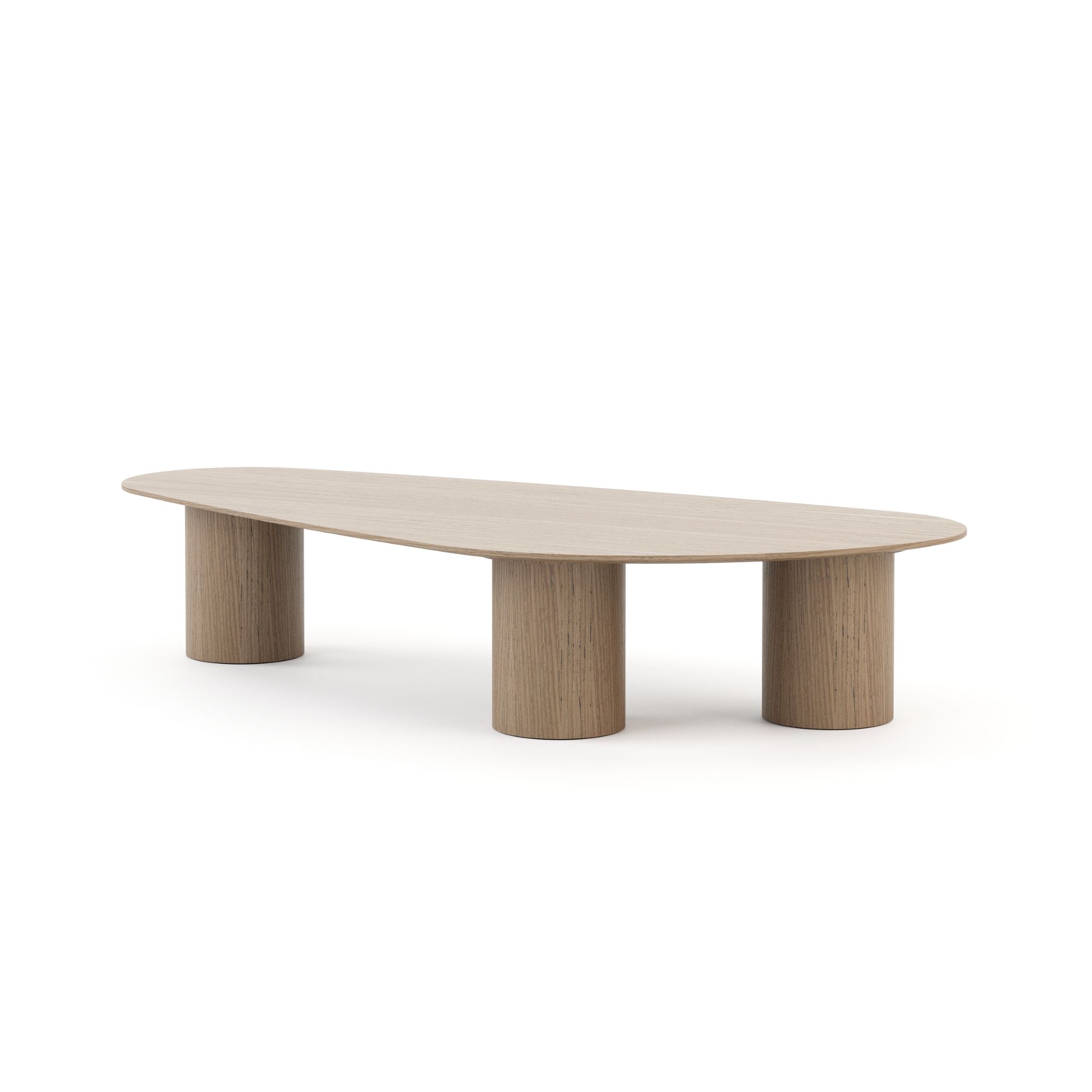A minimalist Natur Coffee Table crafted in light wood, featuring an elongated organic top supported by three cylindrical legs. Its soft curves and natural texture highlight the beauty of bespoke furniture and luxury home furniture, bringing a warm, organic presence to modern interiors.