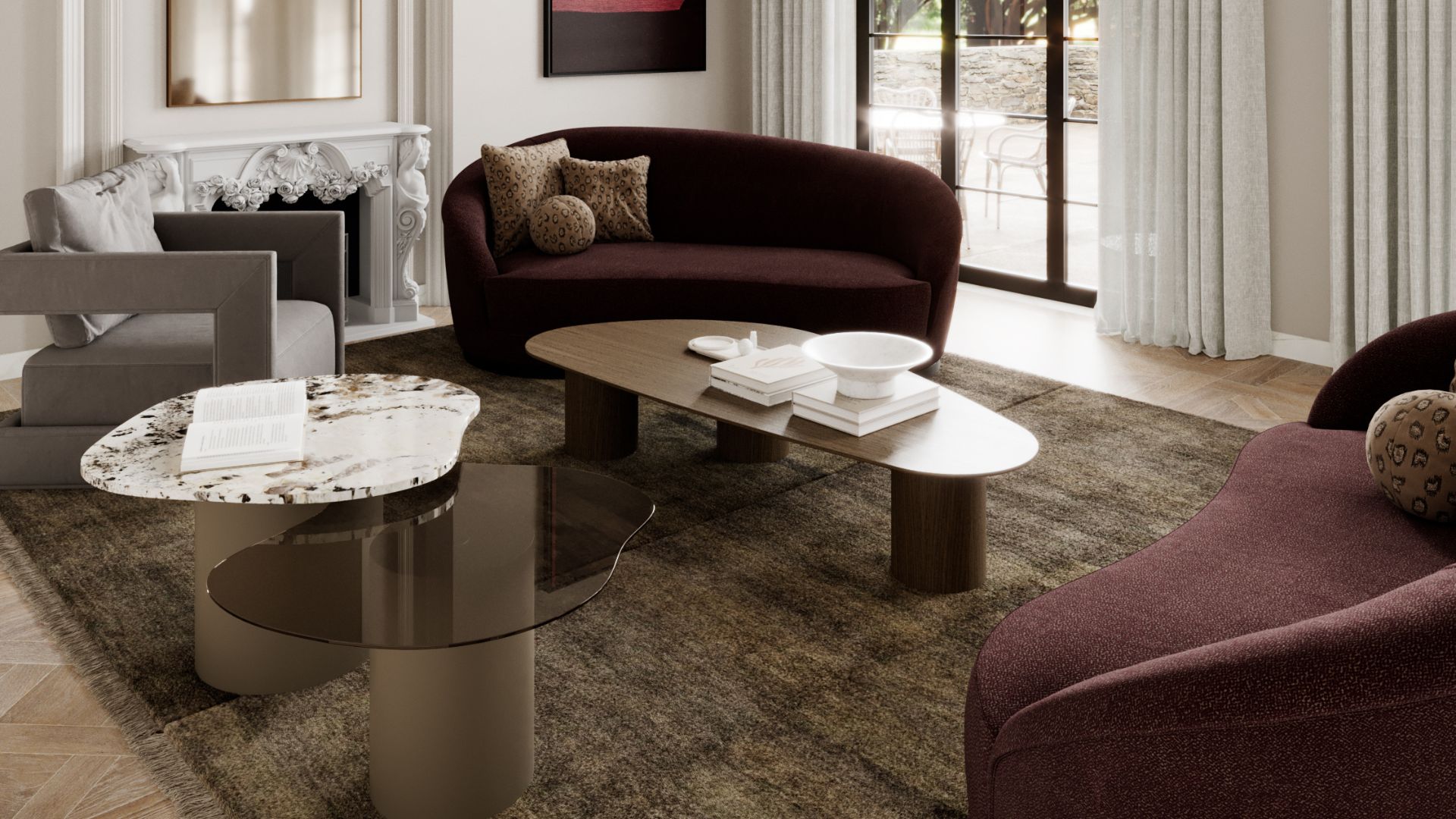 A refined living room where the Natur Coffee Table and Natur Side Tables create a sculptural centerpiece, blending organic curves with mixed materials. Plush seating in rich tones surrounds the tables, while natural light enhances the warm textures of luxury home furniture. The combination of stone, wood, and lacquer surfaces reflects the harmony of contemporary furniture design and the organic elegance that defines the Natur Collection, bringing balance and intention to the space.