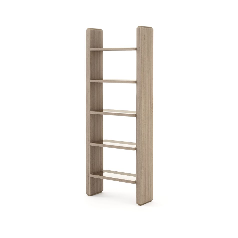 The Foz Bookcase appears as a tall, slender silhouette, its open wooden shelves echoing the rhythm of water moving toward the sea, offering space for objects to rest while allowing the room to breathe. The clean vertical lines and soft natural tones create an ambiance of openness and balance, harmonizing with interior design inspiration, the crafted refinement of bespoke furniture, the quiet elegance of home furniture, and the organic simplicity of living room architecture.