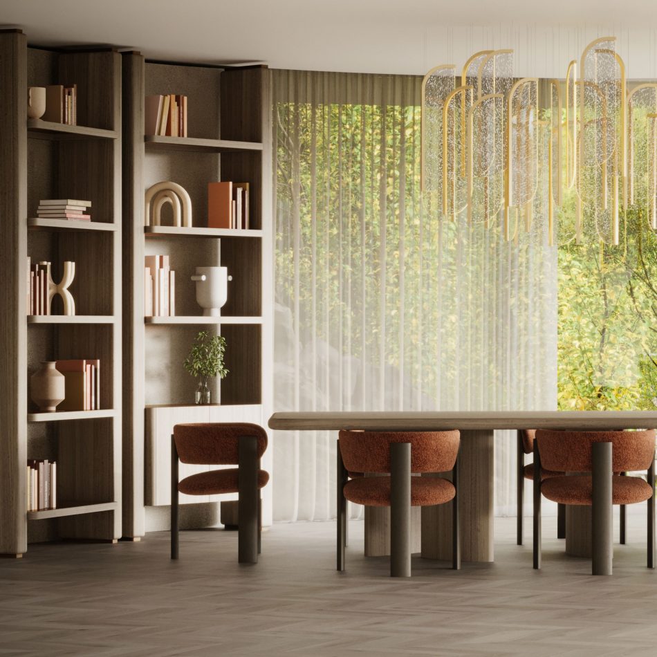 The Foz Bookcase anchors the room with a quiet, river‑like rhythm, its wood structure rising in warm vertical lines that soften the space. Shelves hold books, sculptural objects, and touches of bronze glass, creating a gentle interplay of reflection and texture that feels both grounded and fluid. Natural light filters through sheer curtains, illuminating the bookcase like a calm pause in the flow of the room, harmonizing with luxury home furniture, the crafted refinement of handmade furniture, the sculptural balance of living room furniture, and the warm elegance of interior design inspiration.