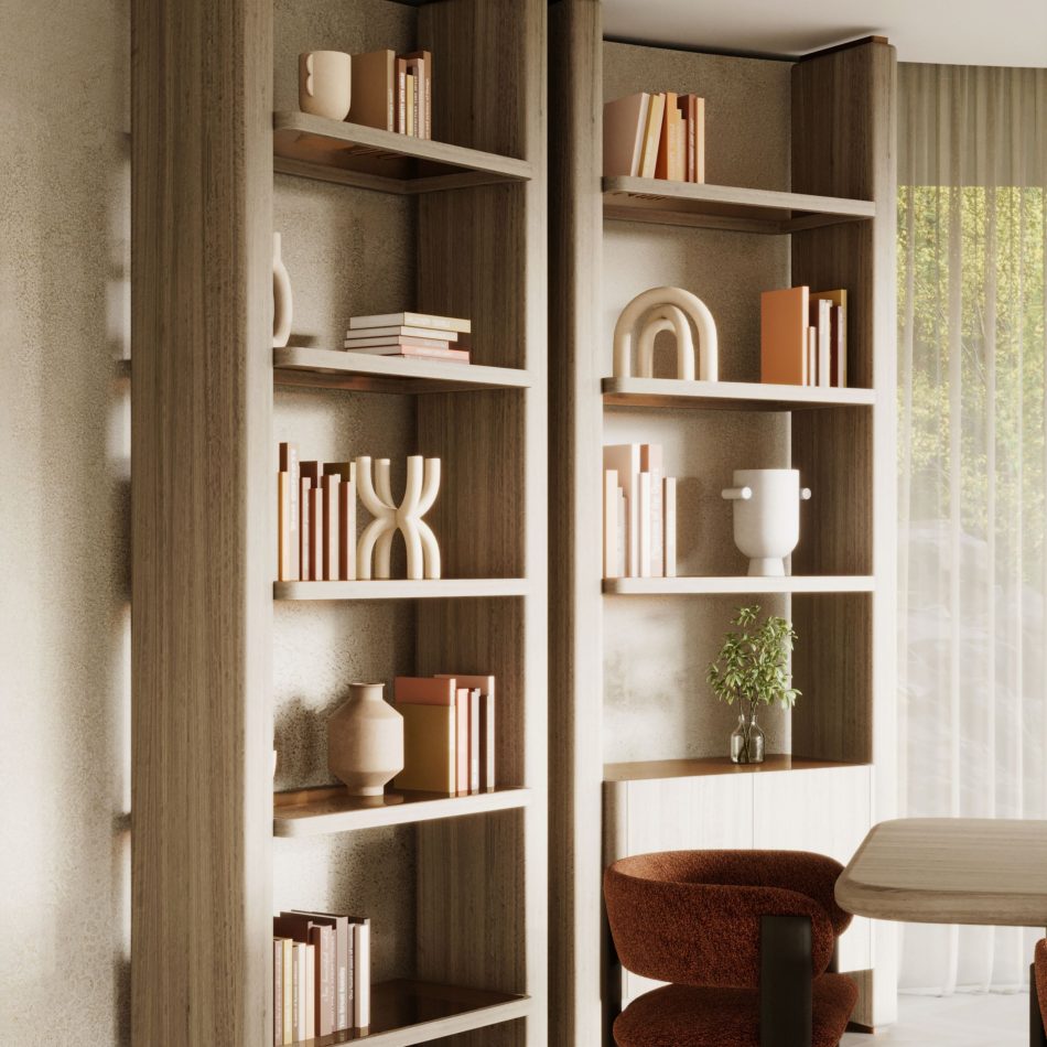The Foz Bookcase stands in the corner like a vertical stream of wood and light, its open shelves creating moments of stillness where books, ceramics, and subtle bronze glass accents rest in quiet harmony. The surrounding space, soft daylight, warm materials, and sculptural furnishings, enhances the bookcase’s sense of movement and calm, aligning with bespoke furniture, the organic clarity of living room architecture, the natural softness of home furniture, and the thoughtful restraint of modern furniture.