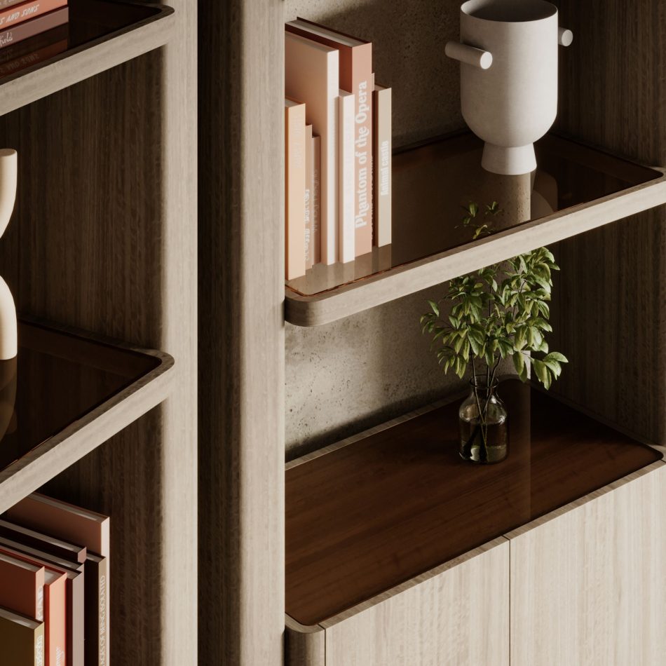The Foz Bookcase details appears in a quiet, intimate moment, its wood shelves holding books and sculptural objects that rest like pauses along a river’s path. Soft textures and subtle reflections from touches of bronze glass create a warm, contemplative atmosphere, aligning with luxury home furniture, the crafted refinement of handmade furniture, the sculptural balance of living room furniture, and the natural harmony found in interior design inspiration.