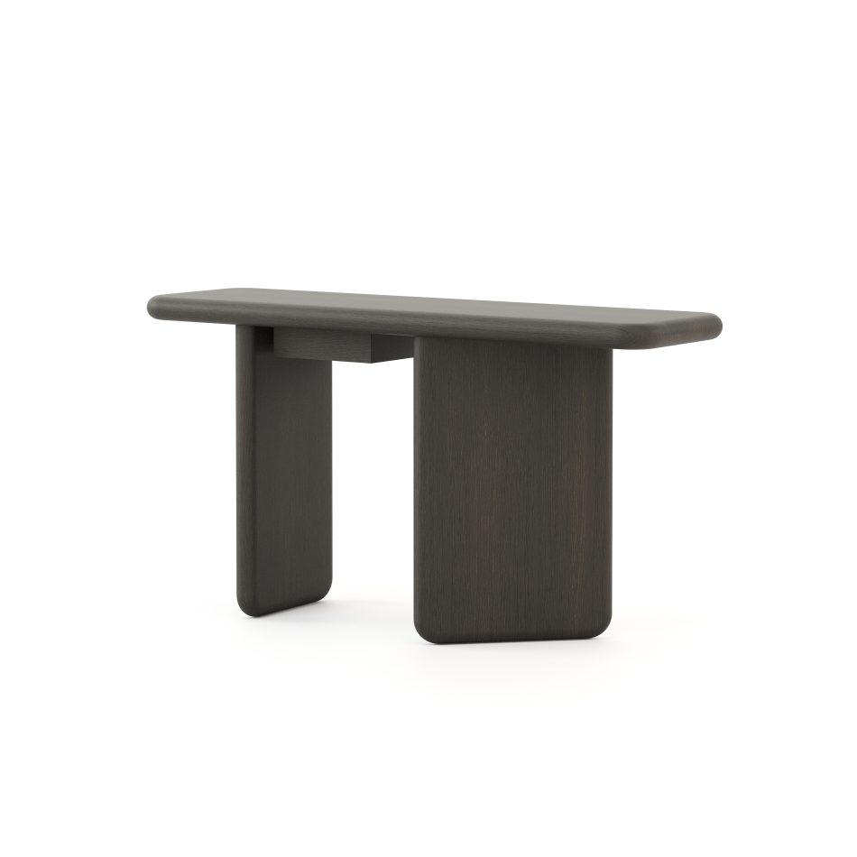The Natur Console is shown as a minimalist solid‑wood piece with a dark, refined finish. Its rectangular top has rounded edges that emphasize precision and clean craftsmanship. Two wide vertical legs give the console a strong architectural presence suited for luxury furniture settings. The balanced proportions allow it to work well within modern living room furniture layouts.