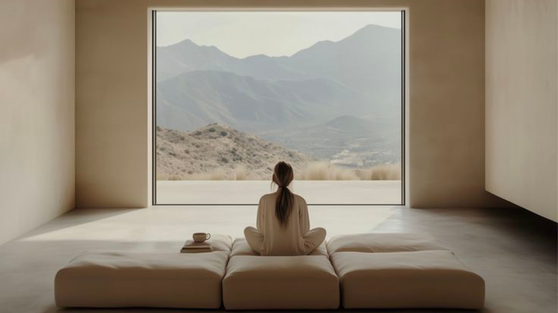 A minimalist wellness room with floor‑to‑ceiling windows overlooking a serene mountain landscape, featuring simple home furniture including a low platform seat and soft upholstery. A person sits in quiet contemplation beside a book and cup, reflecting the harmony between interior design and nature that inspires modern wellness architecture and luxury home furniture.