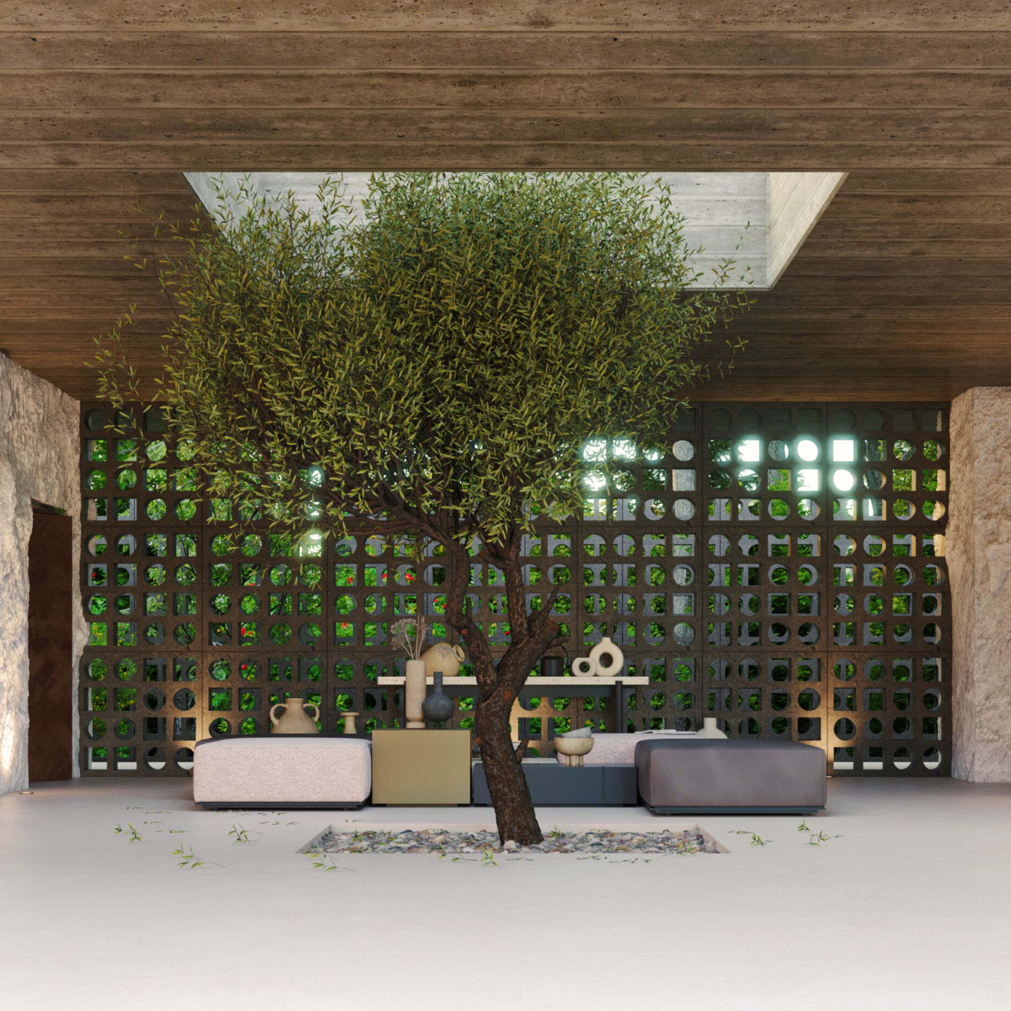 A serene indoor‑outdoor wellness space where a tree grows through an opening in the ceiling, blending nature with contemporary architecture. Minimalist living room furniture and sculptural accessories sit beside a textured wall, creating a calming environment that reflects wellness architecture principles and the use of luxury home furniture to support emotional balance and sensory comfort.