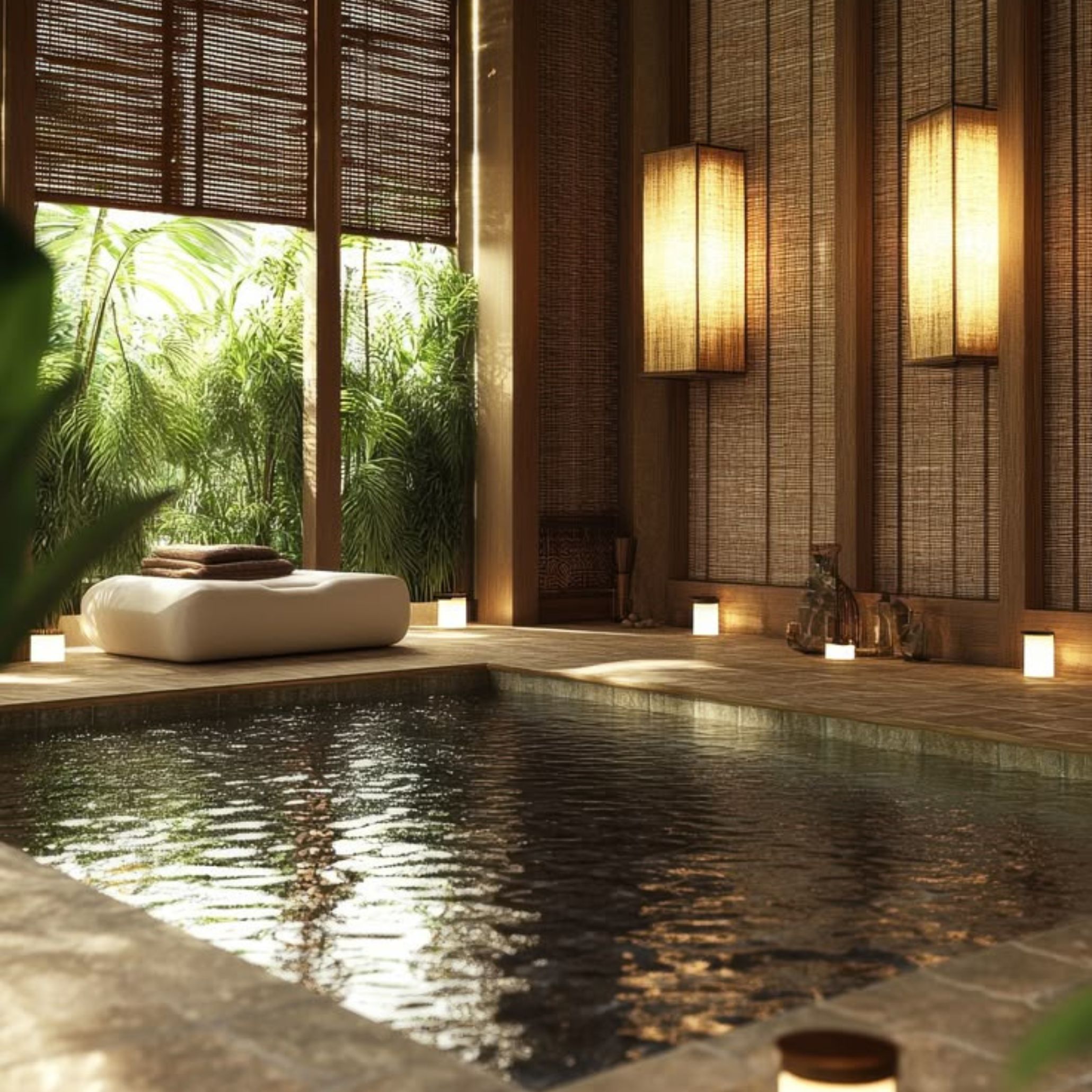 A tranquil Japanese onsen spa room featuring a warm stone pool surrounded by candlelight, woven bamboo walls, and soft natural illumination. A cushioned lounge with towels introduces subtle home furniture elements, while the serene atmosphere reflects traditional bathing rituals and the harmony between architecture, nature, and wellbeing, enhanced by touches of luxury home furniture and calming materiality.