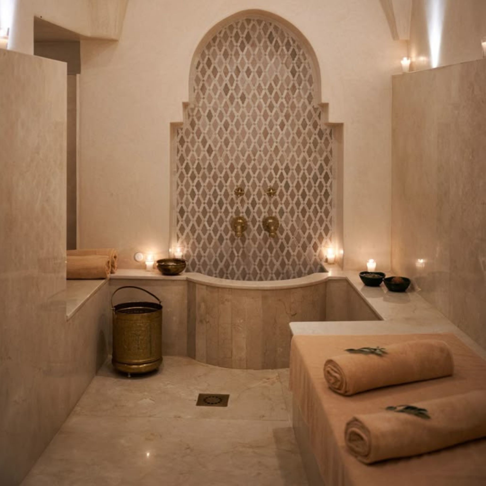 A serene Moroccan hammam featuring warm marble surfaces, brass water fixtures, and soft candlelight that enhances the ritual of purification. Rolled towels and traditional bowls rest on the stone bench, introducing subtle touches of luxury home furniture, while the ornate alcove highlights craftsmanship rooted in handmade furniture traditions. The calming space embodies cultural wellness through the interplay of stone, water, and refined marble top textures.
