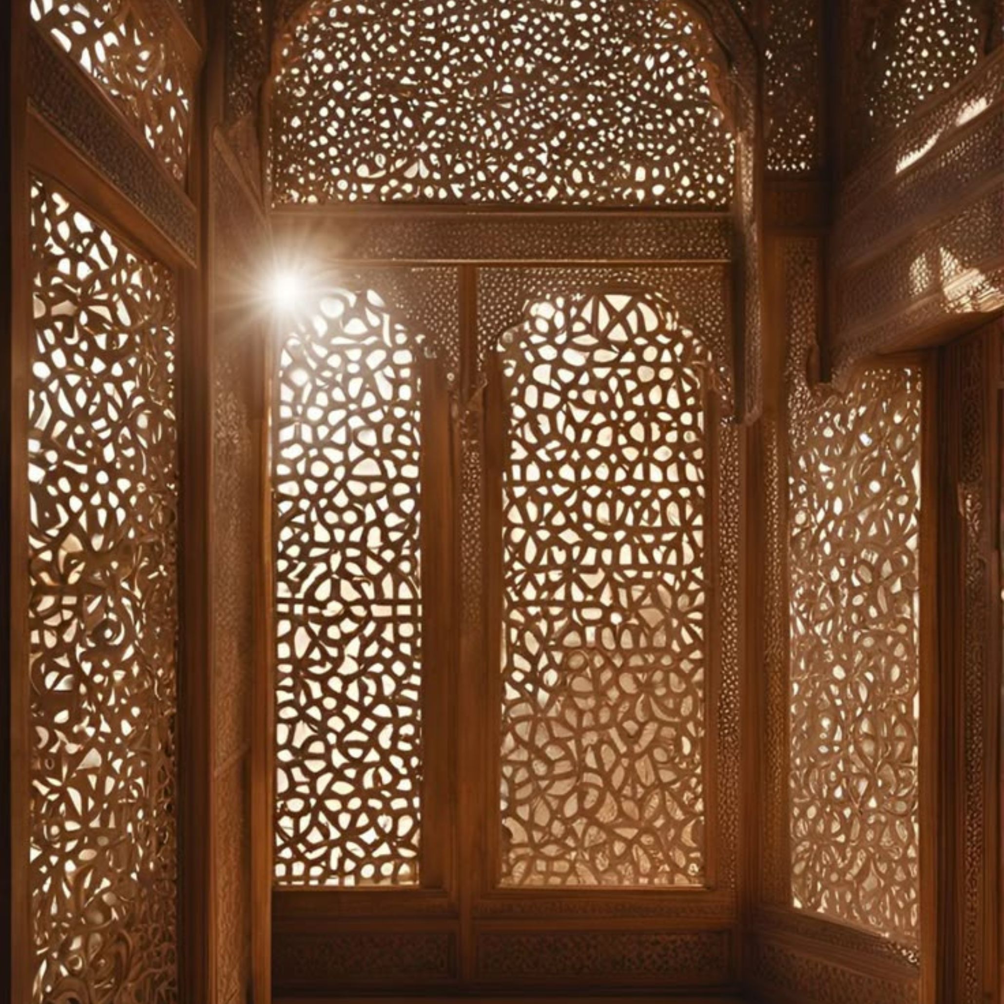 A carved wooden jali screen inspired by Moroccan architecture, where intricate geometric patterns filter sunlight into soft, shifting shadows. This interplay of light and latticework reflects the region’s architectural heritage and the sensory calm of wellness spaces, complemented by the craftsmanship of wood design, the refinement seen in handmade furniture, and the warm atmosphere often paired with luxury home furniture.