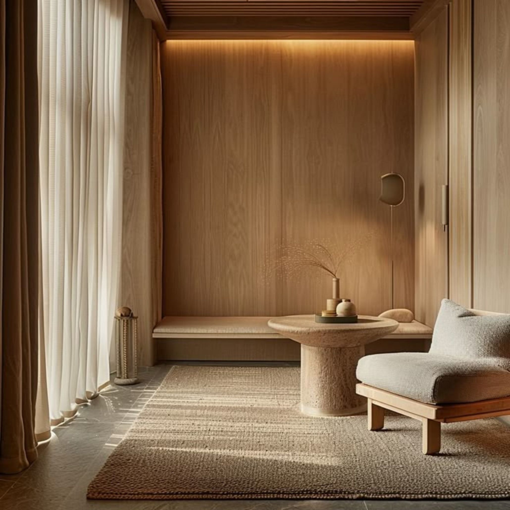 A serene minimalist interior featuring warm wood paneling, soft natural light, and a sculptural stone‑textured table that anchors the space. The calming palette and organic materials reflect wellness architecture principles, complemented by subtle home furniture accents, refined wood design, and the grounding presence of handmade furniture craftsmanship.
