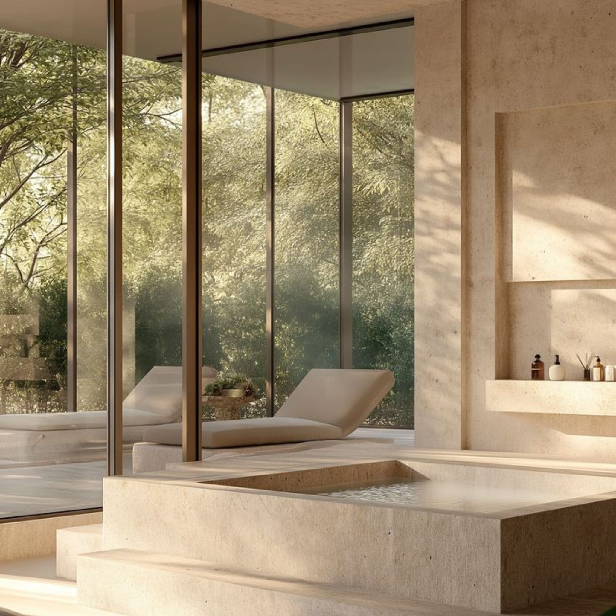 A serene indoor spa featuring a stone soaking pool and a lounge chair positioned beside floor‑to‑ceiling windows that open to lush greenery. Soft daylight fills the space, enhancing the calming atmosphere created by natural materials, refined luxury home furniture, breathable modern furniture, and the grounding textures of stone design that support wellness architecture through light and airflow.