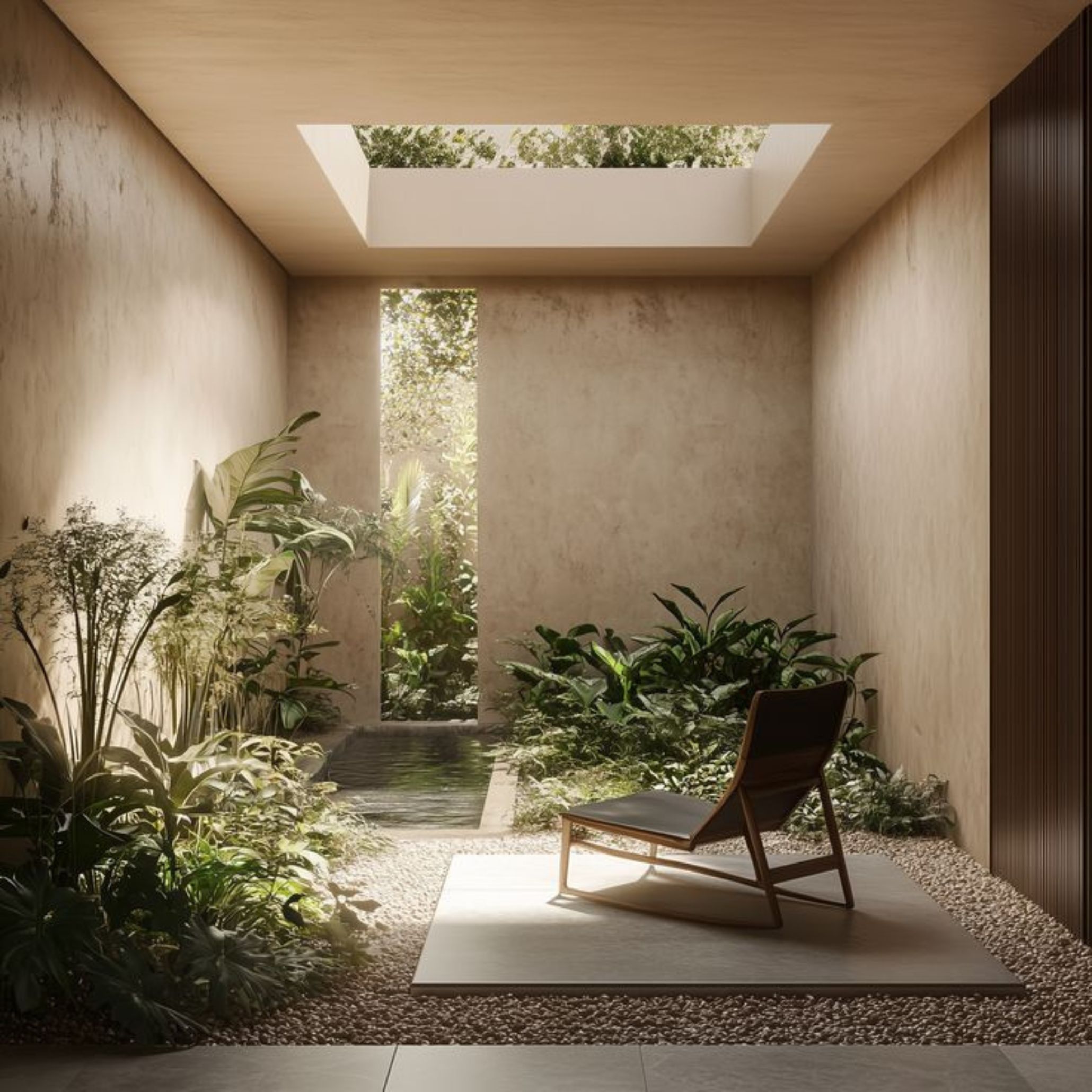 A serene indoor garden featuring a narrow water channel, lush tropical plants, and a wooden lounge chair positioned beneath soft natural light. The serene atmosphere reflects biophilic design principles supported by calming natural materials, grounding organic textures, and the restorative presence of water elements that strengthen the connection between wellness and nature.
