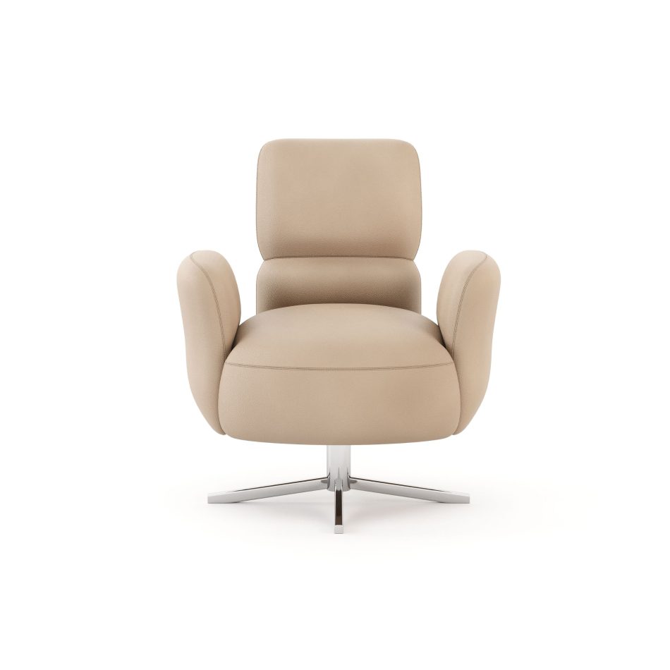 The Margem Swivel Chair highlights its smooth leather upholstery, enveloping backrest, and star‑shaped metal base, where thoughtful detailing reflects a sense of fluid movement aligned with modern furniture, the crafted elegance of luxury home furniture, and the inviting softness of living room furniture.