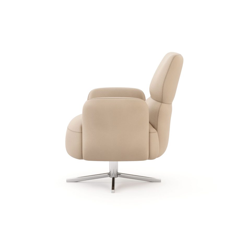 The Margem Swivel Chair shows its sculpted leather form and rounded profile, supported by a polished metal base that enhances its sense of motion, resonating with luxury home furniture, the organic balance of modern furniture, and the quiet sophistication of living room furniture.