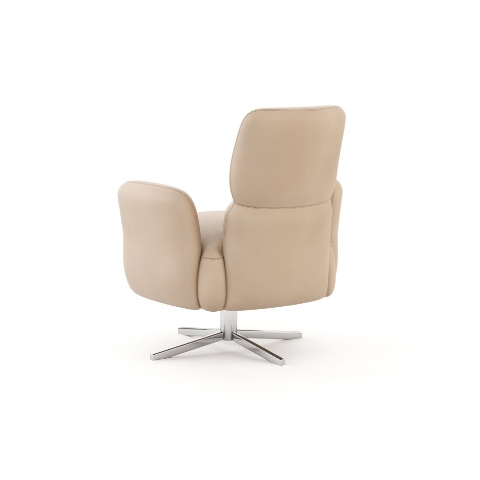 The Margem Swivel Chair is presented from the back, emphasizing its continuous leather shell, soft curvature, and seamless padding, expressing calm craftsmanship aligned with modern furniture, the sculptural purity of luxury furniture, and the gentle geometry of living room furniture.