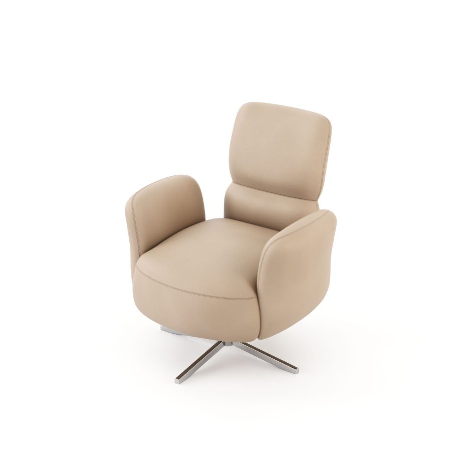 The Margem Swivel Chair displays its plush leather upholstery, rounded seat, and polished metal swivel base, where comfort and fluidity merge into a harmonious design resonating with luxury furniture, the warm refinement of living room furniture, and the contemporary clarity of modern furniture.