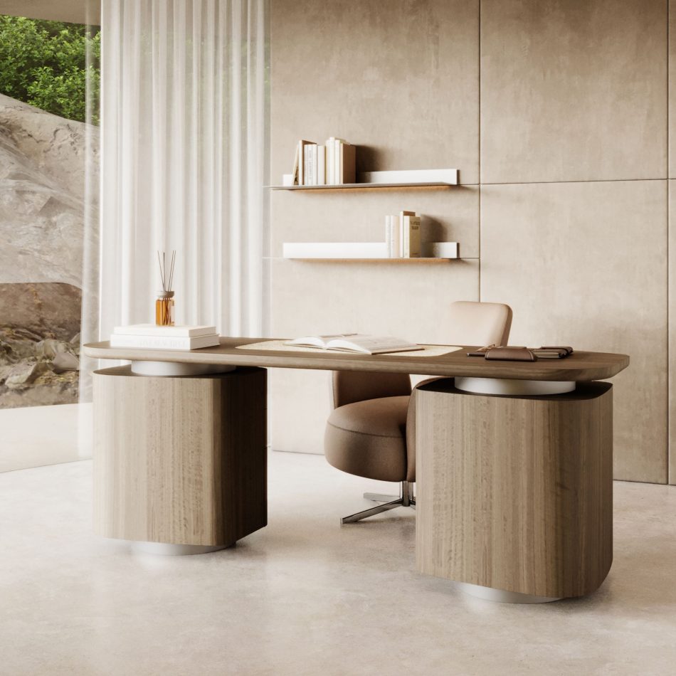 The Margem Swivel Chair sits gracefully at the minimalist desk, its organic leather curves softening the clean architectural lines of the room, while natural light and warm textures create an ambiance of clarity and ease that resonates with contemporary furniture, the crafted sophistication of bespoke living room design, the refined comfort of luxury living room furniture, and the thoughtful balance found in interior design inspiration.