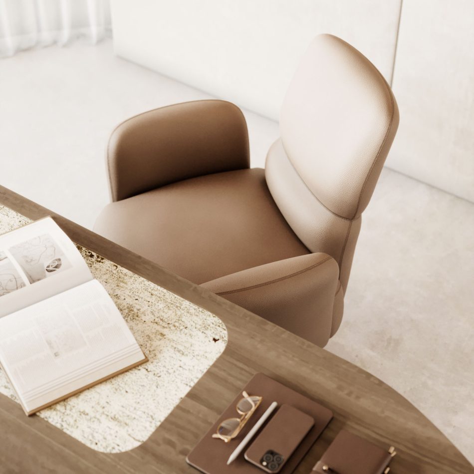 The Margem Swivel Chair appears in a moment of quiet focus, its leather surface catching soft light as it curves around the desk, creating an intimate, contemplative atmosphere enriched by warm materials and thoughtful details that align with luxury furniture, the crafted precision of handmade furniture, the serene functionality of office furniture, and the refined calm of bedroom architecture.