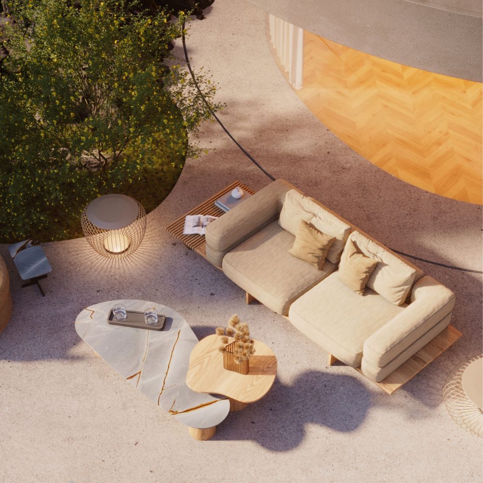 The Ripa Sofa highlights its slatted wooden platform and plush cushions in soft natural light, where the interplay of structure and softness reflects a quiet connection to landscape aligned with modern furniture, the sculptural clarity of luxury home furniture, and the composed elegance of living room furniture.