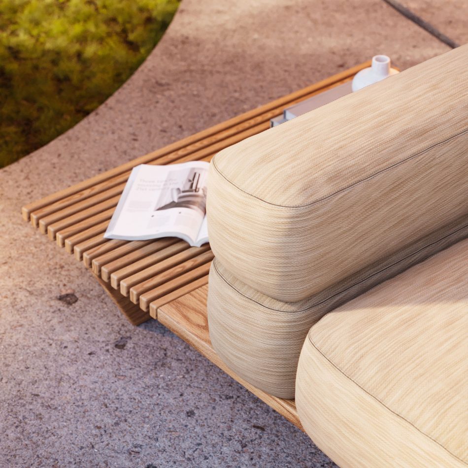 The Ripa Sofa reveals its wooden slatted surface and cushions alongside subtle natural elements, where thoughtful craftsmanship and calm geometry evoke the gentle rhythm of river‑inspired design resonating with luxury home furniture, the refined rhythm of living room furniture, and the timeless restraint of modern furniture.