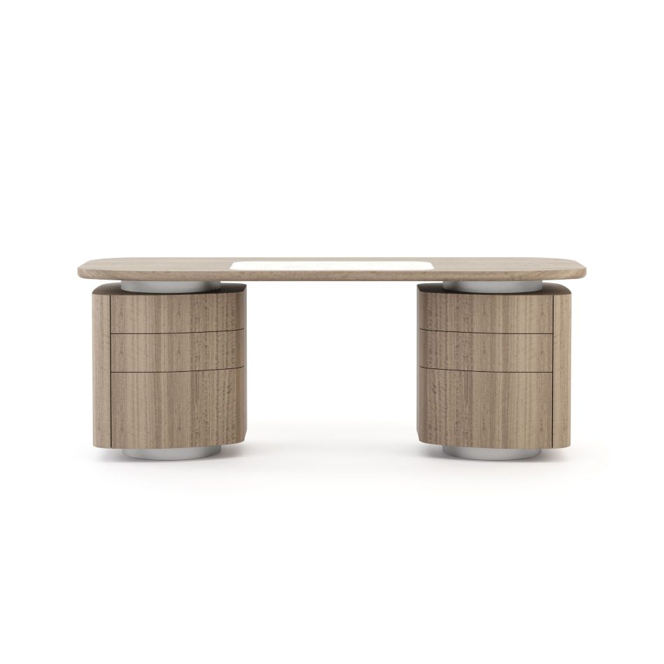 The Stone Desk is crafted with a smooth rectangular top and rounded edges, supported by two pedestal bases with integrated drawers, its warm wood tones and soft contours creating a refined workspace shaped by curated modern home furniture, subtle touches of interior design inspiration, gentle layers of contemporary craftsmanship, and the understated elegance associated with thoughtful workspace design.