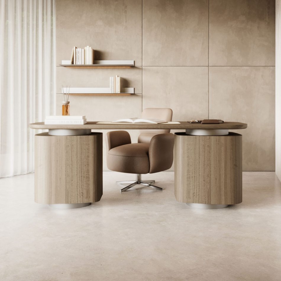 The Stone Desk is shown with an elegant organic wooden surface supported by sculptural cylindrical bases with subtle metallic accents, styled with books and soft accessories in a calm workspace defined by warm paneling, floating shelves, and gentle natural light, all subtly shaped by modern furniture, refined elements of workspace design, quiet layers of interior design inspiration, and the understated sophistication associated with elevated home office furniture.