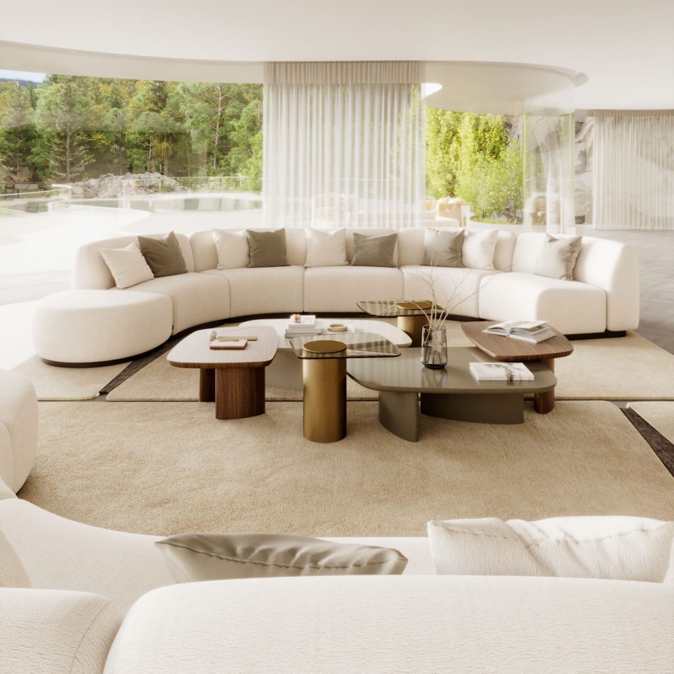 A spacious modern living room features the Stone Sofa in a soft cream curved modular design, styled with neutral throw pillows and paired with sculptural coffee tables in wood, glass, and metal, all set atop a light beige carpet and framed by floor‑to‑ceiling windows with sheer curtains, creating a serene atmosphere enriched by luxury living room furniture, subtle bespoke furniture craftsmanship, refined living room design choices, and an overall sense of elevated home furniture sophistication.