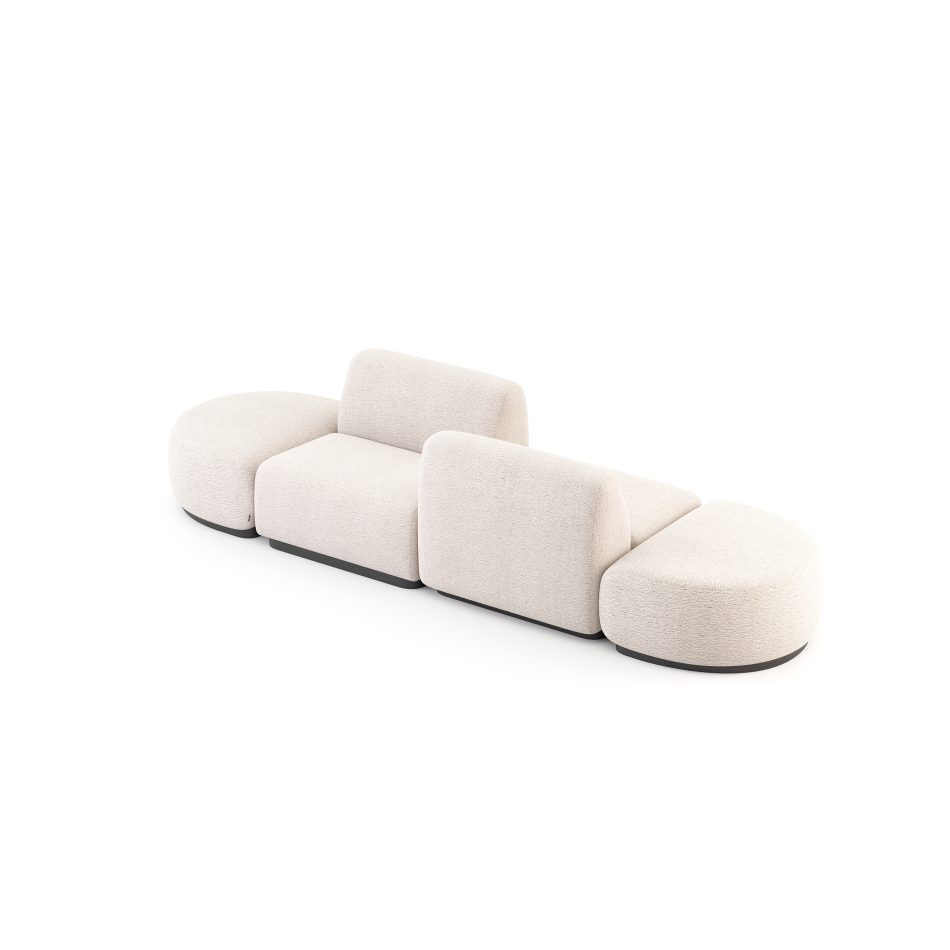 The Stone Sofa is arranged as a four‑module composition with two rounded end pieces and two curved backrest sections, each upholstered in soft light fabric and grounded by a wood base that enhances the flowing, stone‑inspired silhouette. The gentle curves and balanced proportions create a calm visual rhythm that recalls the natural shaping of river stones and reflects the thoughtful craftsmanship of luxury home furniture.