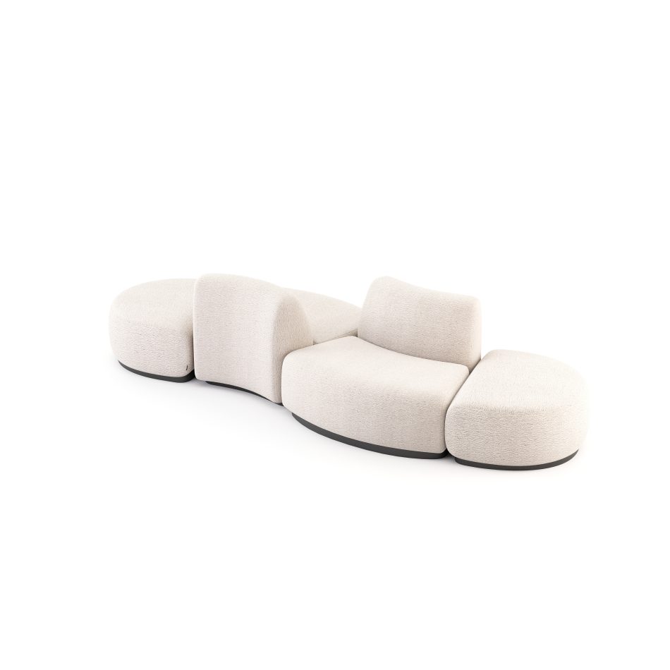 The Stone Sofa is shown as a multi‑piece arrangement with interconnected rounded modules that form a soft, organic landscape. Each section rests on a wood base that grounds the gentle contours, creating a harmonious rhythm that recalls the quiet poetry of river stones and highlighting the thoughtful detailing of custom furniture designed for modern living room furniture settings.