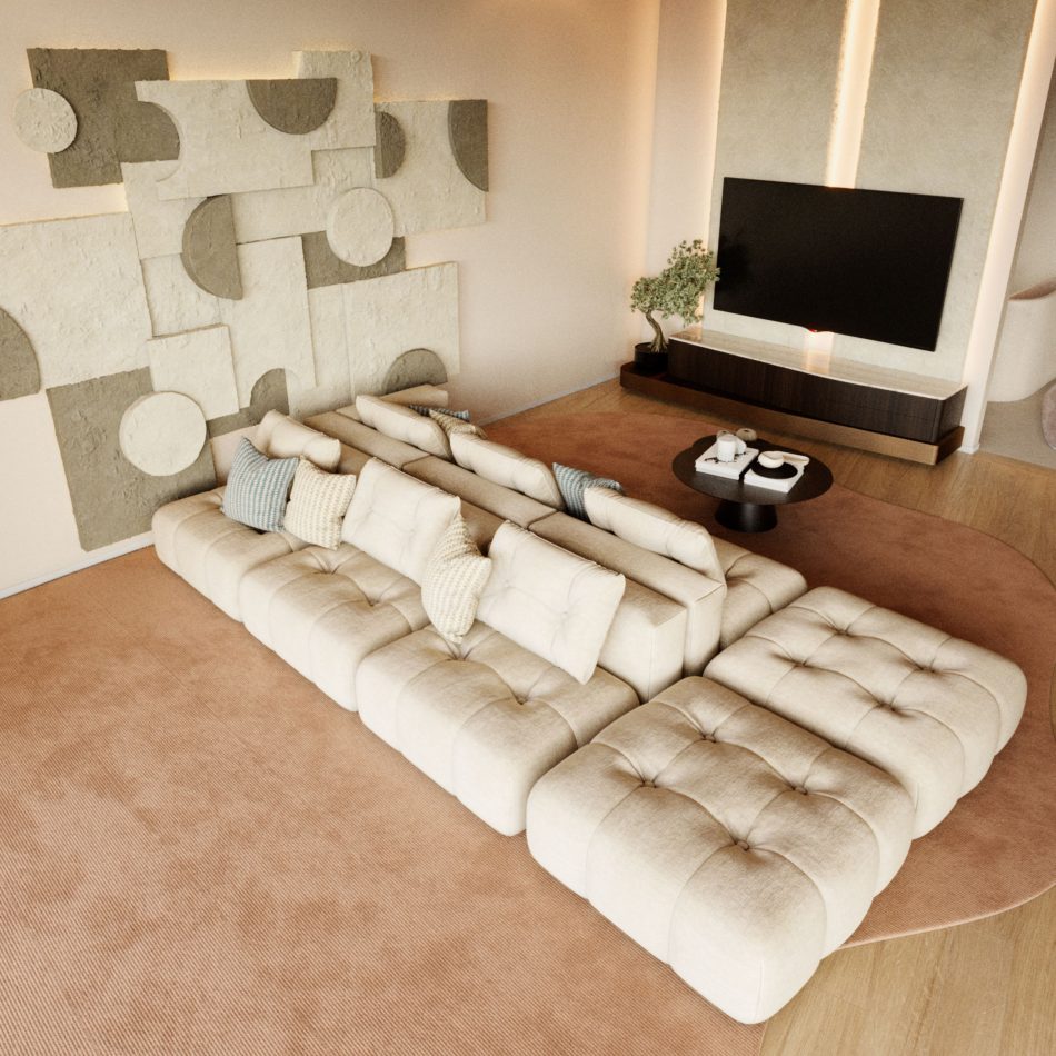 The Stone TV Cabinet sits with quiet confidence beneath the television, shaping the room with its steady proportions and understated elegance. The surrounding sofa, textured wall panels, and soft lighting create a warm, inviting atmosphere where the cabinet becomes part of a larger visual rhythm. The space feels cohesive and thoughtfully layered, aligning with living room architecture, the sculptural softness of home furniture, the refined clarity of modern furniture, and the calm sophistication of interior design inspiration.