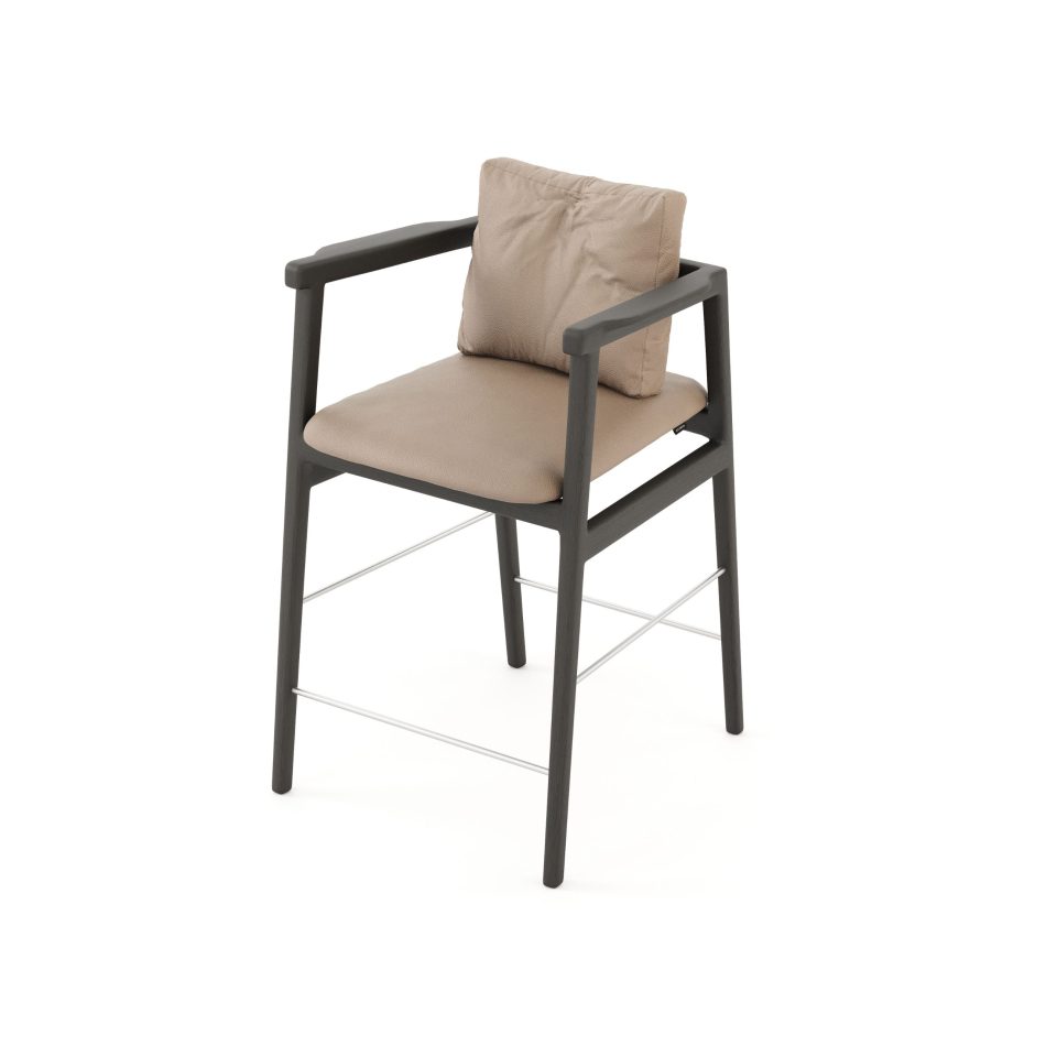 The Toro Bar Stool showcases a minimalist frame in dark wood with integrated armrests and soft upholstery, where flowing contours and balanced proportions create a sculptural presence aligned with bar furniture, the crafted sophistication of modern furniture, and the quiet elegance of luxury home furniture.