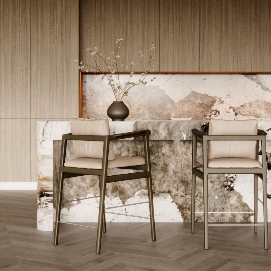 The Toro Bar Stool in wood and soft upholstery sits beside a stone counter in a warm, minimalist ambiance where natural textures, vertical lines, and gentle lighting create a serene environment that resonates with modern bar furniture, the crafted refinement of luxury home furniture, and the sculptural calm of bar chair inspiration.