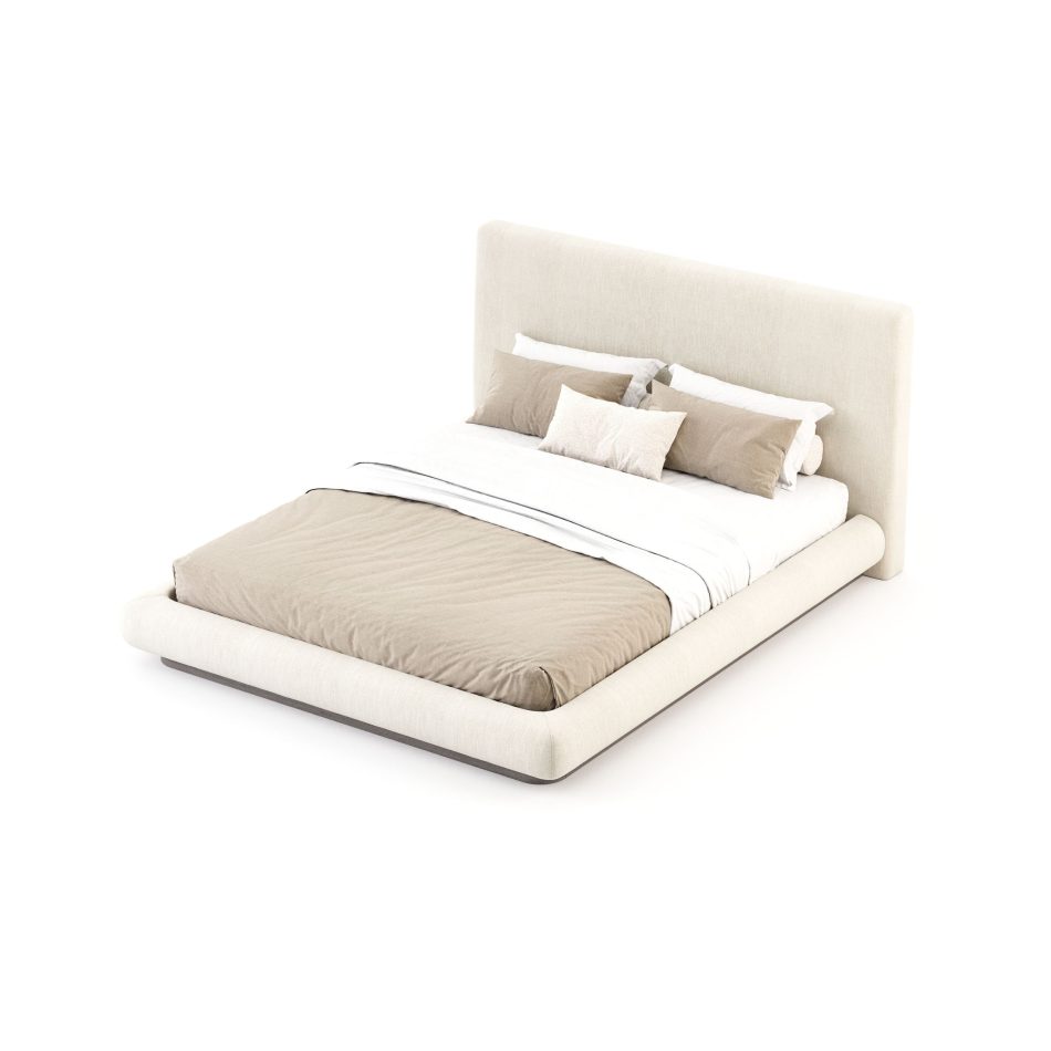 The Toro Bed appears in a serene, light‑toned ambiance where its upholstered frame, clean geometry, and soft tonal layering express calm refinement that resonates with luxury bedroom furniture, the timeless simplicity of contemporary furniture, and the sculptural harmony of bedroom architecture.