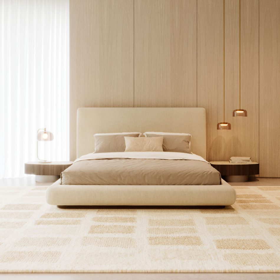 The Toro Bed sits within a warm, softly lit ambiance where neutral tones, wood paneling, and gentle textures highlight its balanced proportions and quiet elegance, resonating with luxury bedroom furniture, the refined harmony of bedroom furniture, and the timeless restraint of modern furniture.