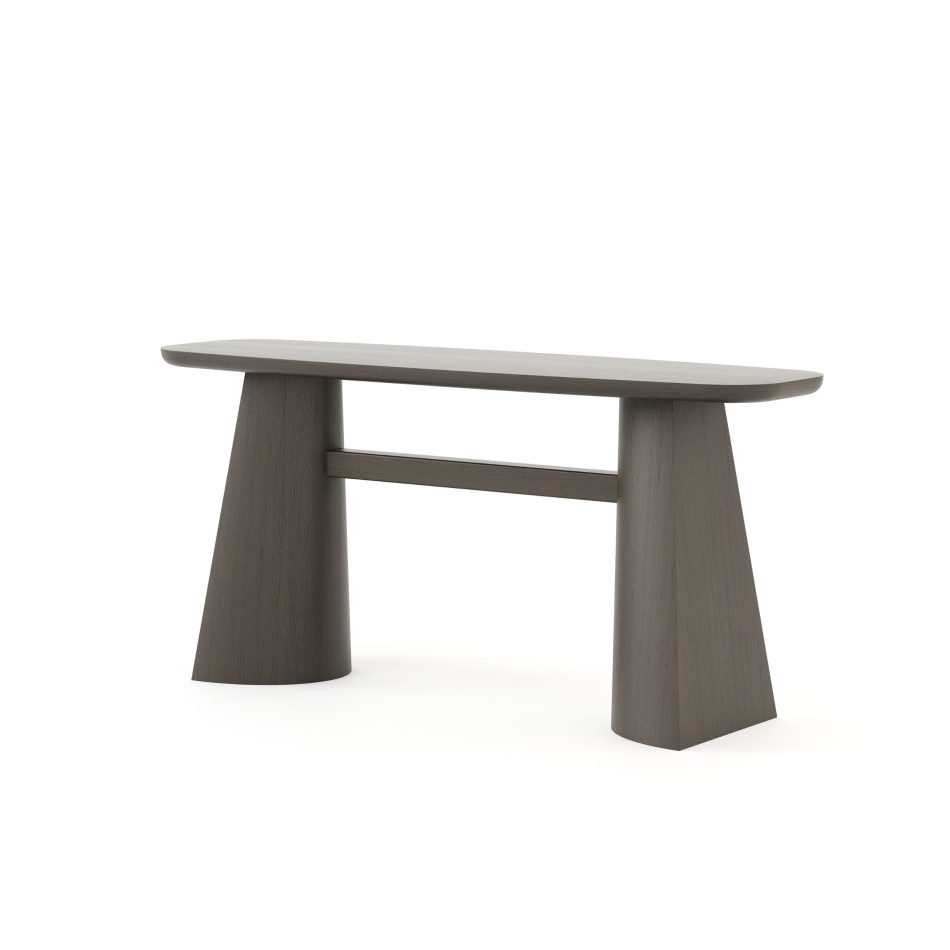 The Toro Console is shown in a clean, neutral setting where its dark wood structure, tapered legs, and precise joinery express a quiet balance of proportion and intention, resonating with luxury console table, the sculptural restraint of modern furniture, and the refined clarity of living room furniture.