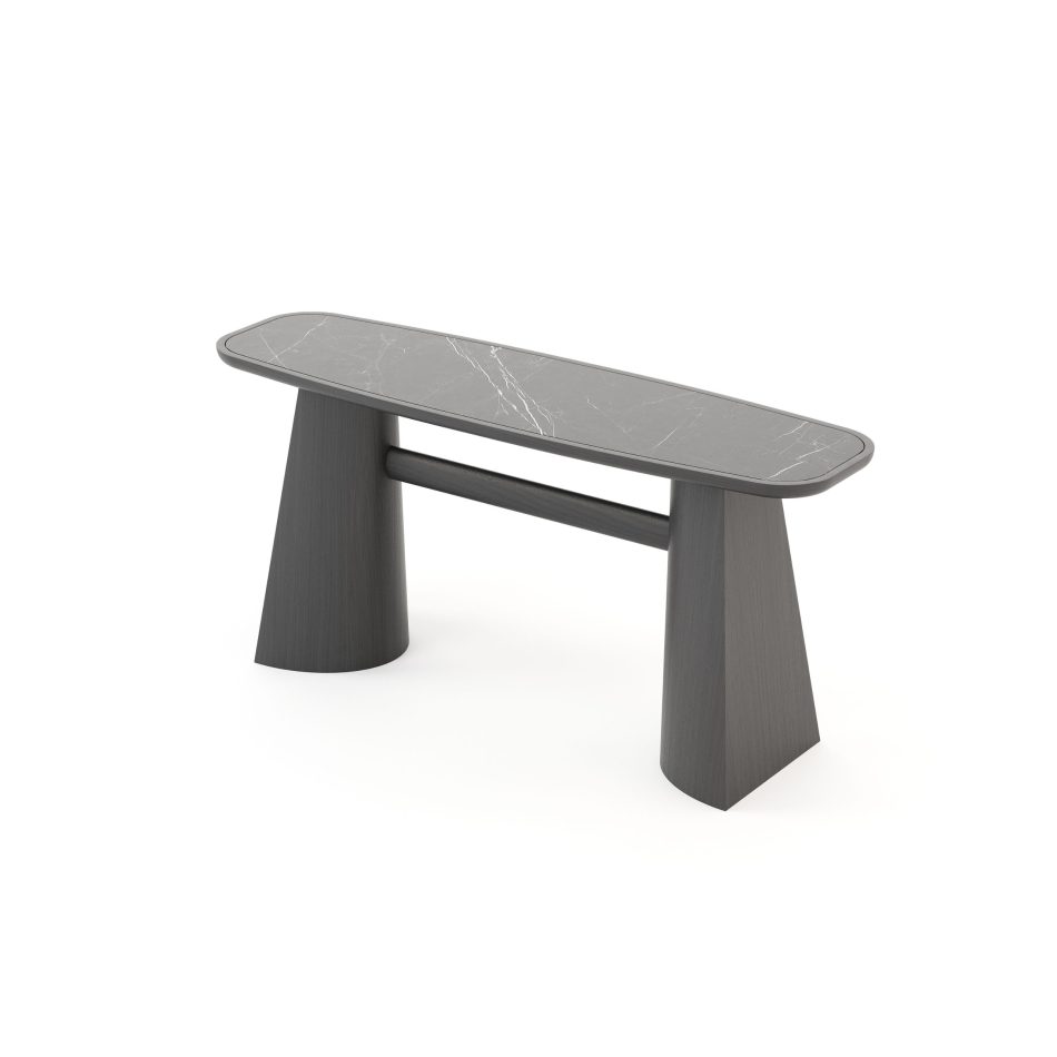 The Toro Console is presented with a marble‑like top and dark wood base, where the interplay of smooth surfaces and tapered forms reflects restraint, clarity, and sculptural calm, resonating with luxury home furniture, the crafted purity of console table design, and the timeless balance of modern furniture.