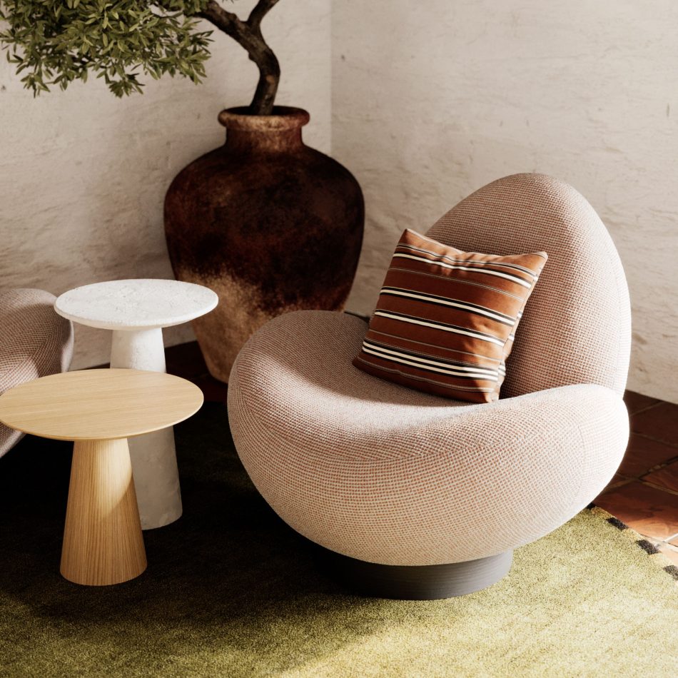 A textured lounge chair anchors the space as a statement of luxury living room furniture, expressing a thoughtful approach to living room design that prioritizes comfort and proportion for effortless living room inspiration; the complementary tables enhance Designs For Modern Living Rooms with natural surfaces that harmonize with curated living room furniture. The tall ceramic vase adds sculptural contrast that enriches luxury living room furniture and expands the intention of living room design, forming an atmosphere of living room inspiration aligned with Designs For Modern Living Rooms and grounded by refined living room furniture. A neutral palette envelops luxury living room furniture in a calm interpretation of living room design, where each texture contributes to layered living room inspiration shaped by Designs For Modern Living Rooms and sustained by timeless living room furniture.