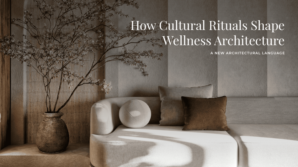 A peaceful, minimalist interior featuring a curved neutral sofa layered with textured pillows, a rustic ceramic vase holding a delicate flowering branch, and a softly lit textured wall. The natural materials, warm tones, and quiet composition reflect wellness design shaped by cultural rituals, evoking spaces where tradition and contemporary architecture meet to support calm and restoration.