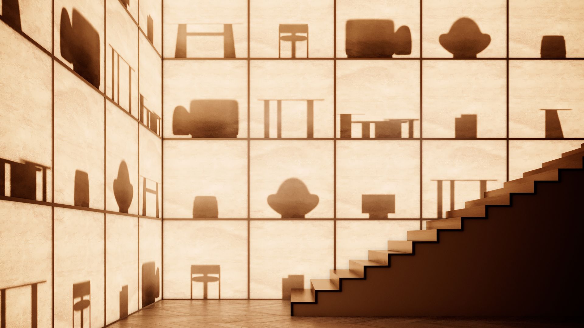 A wall of illuminated panels reveals the silhouettes of upcoming Stylish Club pieces, transforming chairs, tables, and sofas into abstract forms that hint at the new collection debuting at Salone del Mobile 2026. The warm, sculptural display reflects the elemental concept, where matter and proportion guide the creation of luxury furniture, offering a quiet preview of future interior design inspiration and the evolving identity of modern furniture shaped by craftsmanship and intention.