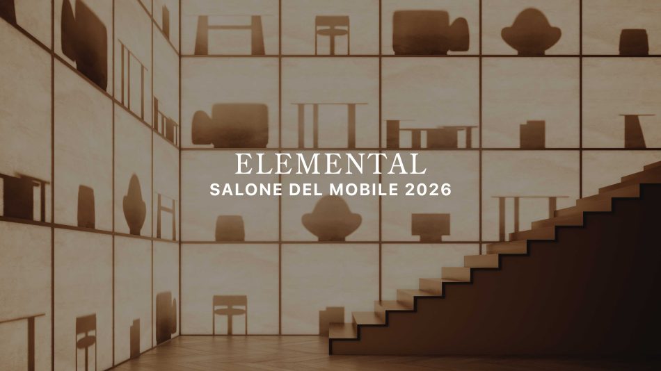 A warm, sepia‑toned interior with illuminated wall panels displaying abstract silhouettes of furniture pieces, creating a gallery‑like atmosphere beside a minimalist staircase. Soft architectural lighting highlights the textures and forms, evoking the raw, essential spirit of elemental. The scene reflects the purity of minimalist design, the crafted presence of modern furniture, and the quiet balance that defines contemporary interior design inspiration for Salone del Mobile 2026.