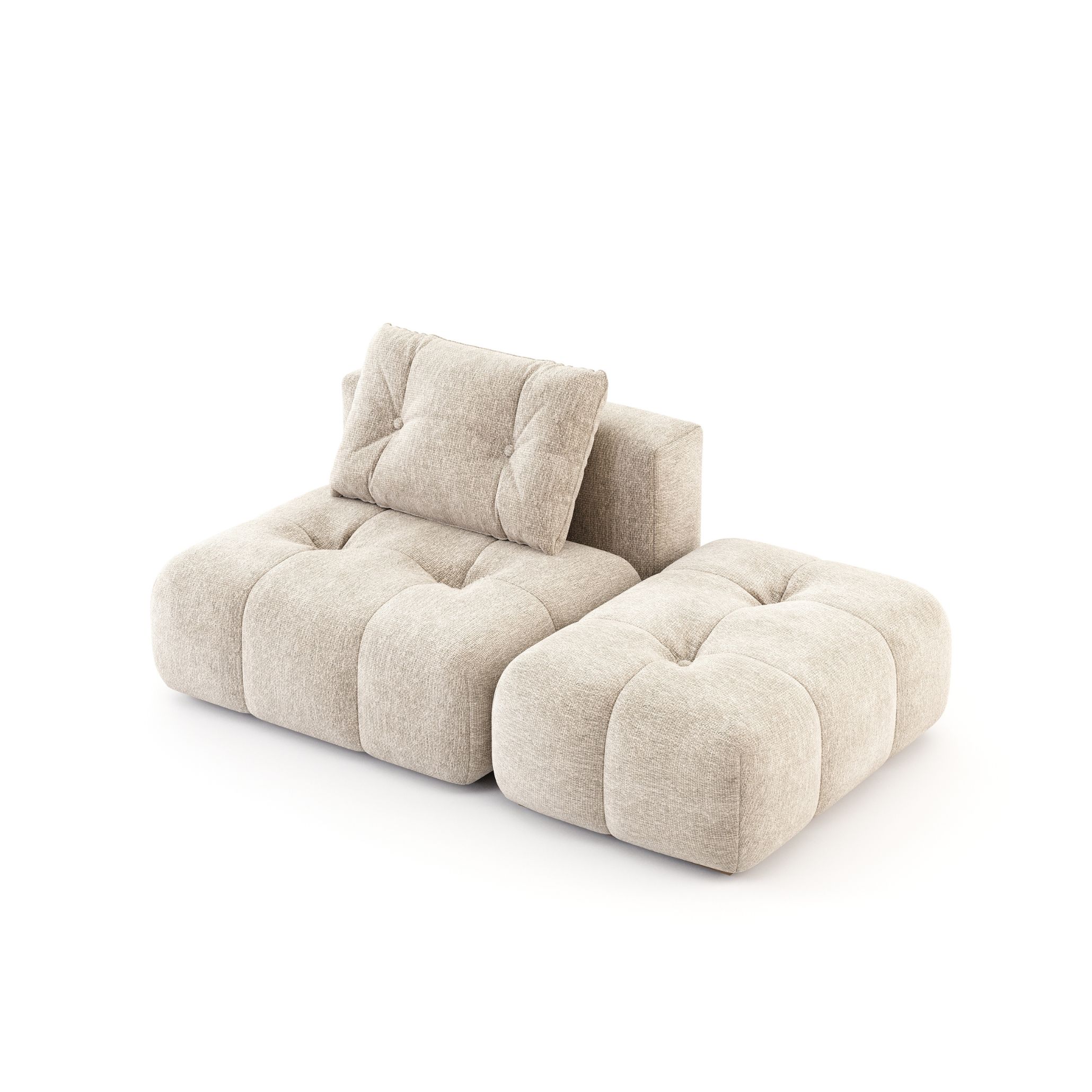 A modular Antónia Sofa composed of two generous, volumes in soft beige upholstery, showcasing its organic form and inviting texture. The plush tufting and low, expansive silhouette create a grounding presence, reflecting the quiet strength of modern furniture, the tactile richness of luxury furniture, and the purity of minimalist design. Its elemental simplicity highlights how form emerges naturally from material, offering a calm architectural gesture within living room furniture.
