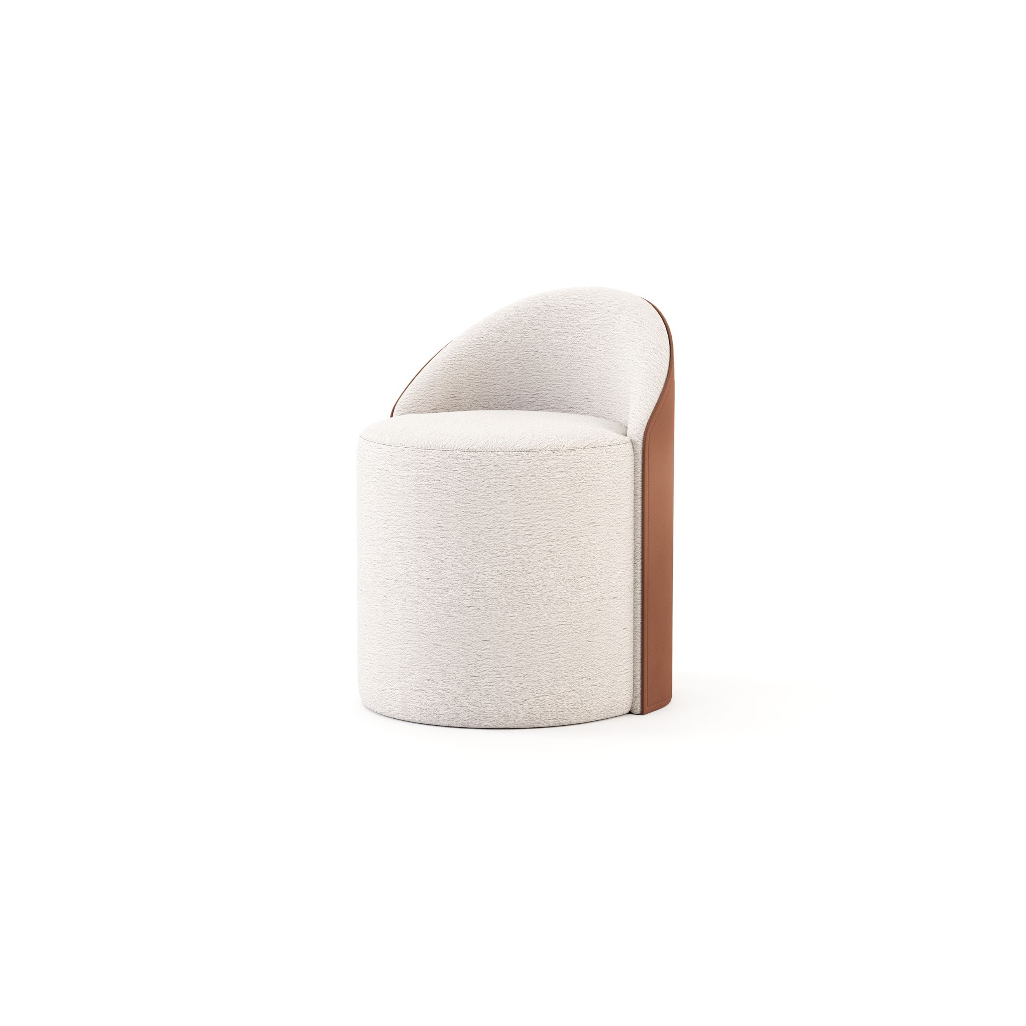 A modern Elis Stool with a cylindrical base and curved backrest, upholstered in light fabric on the seat and smooth brown leather along the back. Its soft curves and balanced proportions create a quiet, intentional presence, highlighting the refined textures of modern furniture, the crafted simplicity of minimalist design, and the material harmony that defines luxury furniture inspired by elemental principles.
