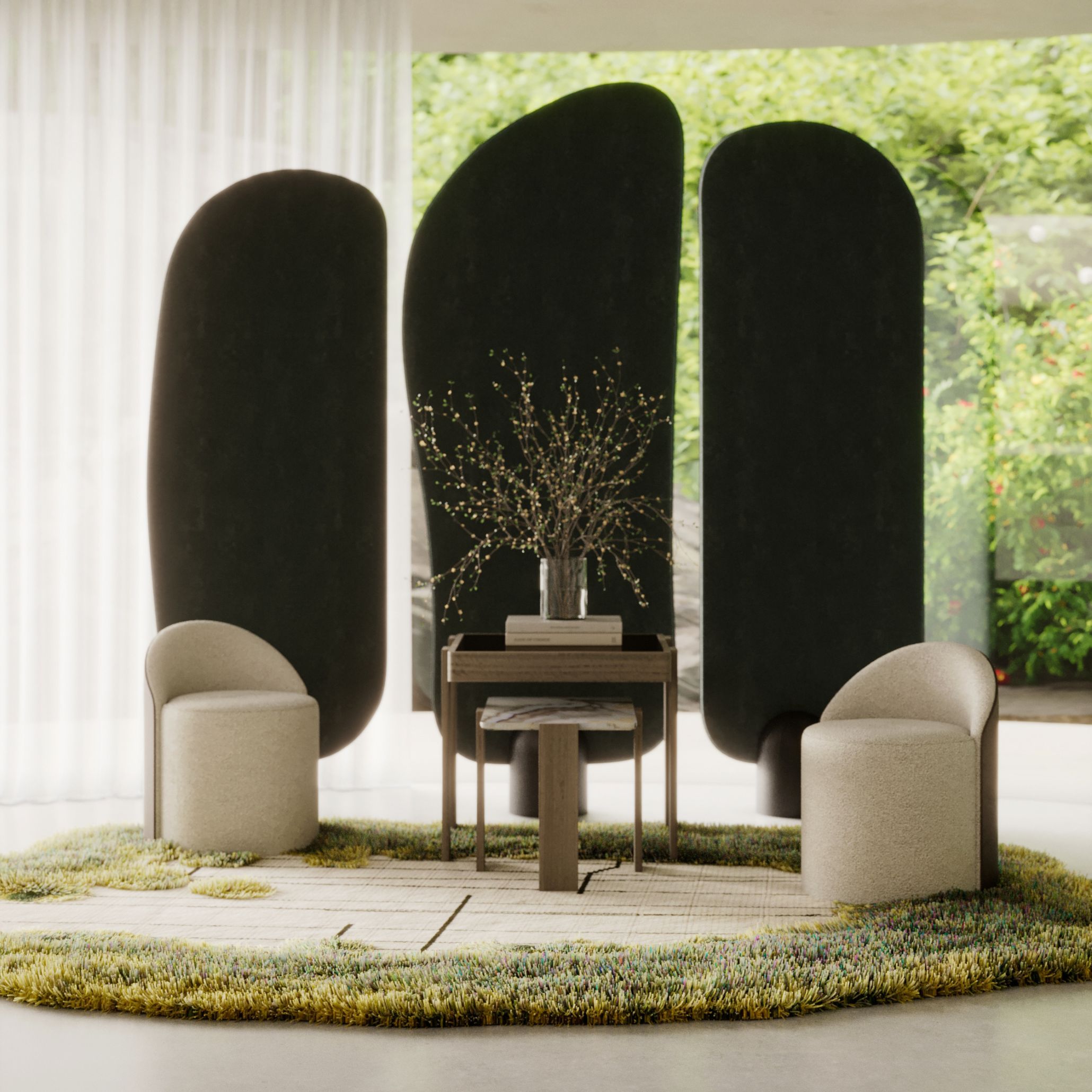 Two Elis Stools in soft beige upholstery arranged around a side table with a glass vase, set against sculptural dark screen and a textured green‑yellow rug. The gentle curves and understated form of the stools introduce a sense of pause and balance, reflecting the calm elegance of contemporary furniture, the tactile richness of living room furniture, and the natural materiality central to elemental‑inspired interior design.