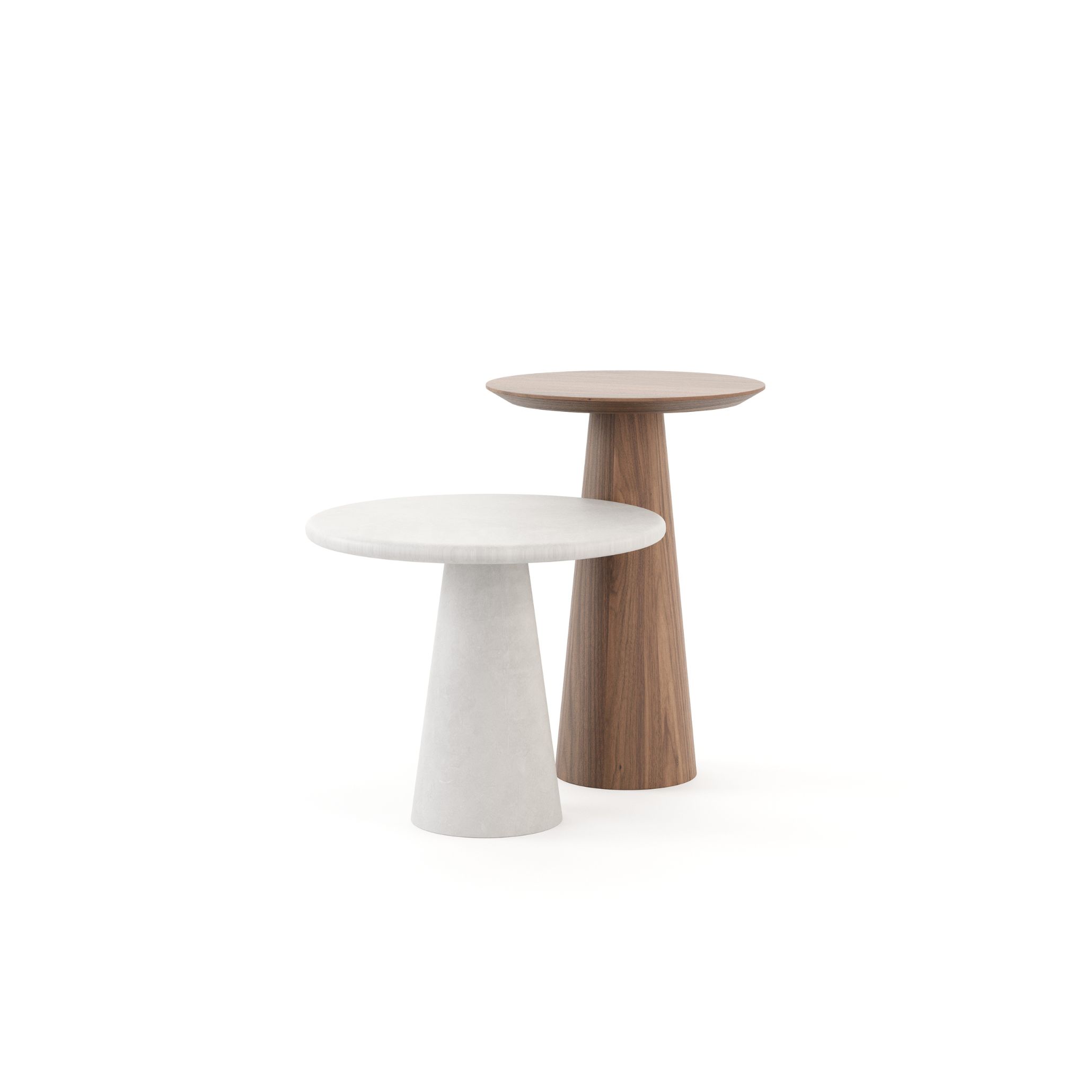 Two Olivier Side Tables placed side by side, one crafted in warm wood and the other in smooth micro cement, each with a conical base and round top. Their contrasting materials highlight the purity of natural materials, the sculptural clarity of minimalist design, and the quiet balance that defines contemporary modern furniture inspired by elemental principles.