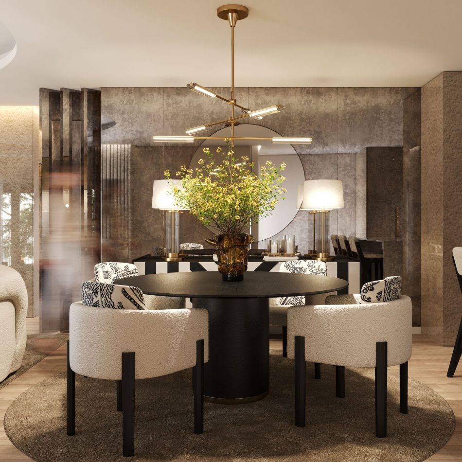 The dining area centres around the Her Round Dining Table, paired with His II Chairs upholstered in pearl bouclé with subtle Tiger Mountain details. Warm lighting and layered textures create a welcoming rhythm, supported by the sculptural presence of the console and mirror behind. This composition reflects luxury dining room furniture, shaped by the clarity of contemporary furniture, and a setting designed to inspire elegant dining room furniture arrangements.