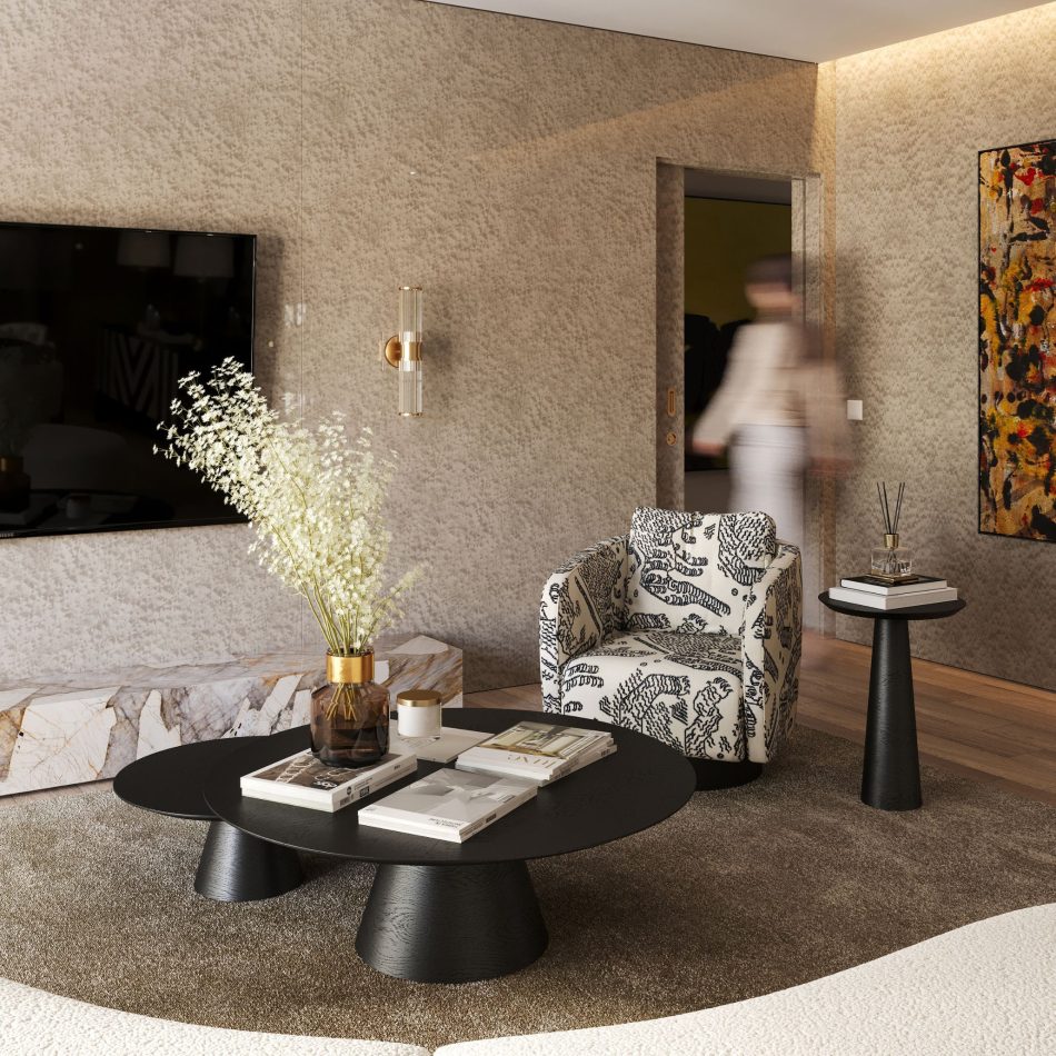 The living room combines soft textures and warm tones, with the Cotton Sofa facing a marble tv cabinet and sculptural coffee tables. Patterned seating and curated decor add depth, while natural movement brings life to the space. The setting embodies refined luxury home furniture, complemented by the clarity of modern furniture, and arranged to evoke gentle living room inspiration.